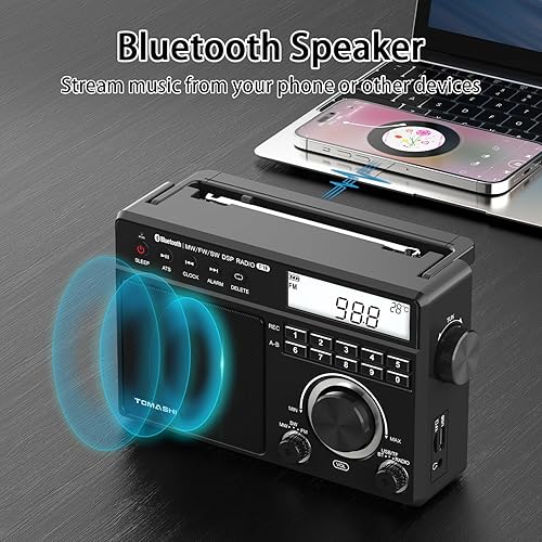 Miniatura 6 de Radio FM portátil de onda corta MW con Bluetooth, sintonización ATS, reloj y alarma, grabación, reproducción de MP3WMA a través de tarjeta USBSD,