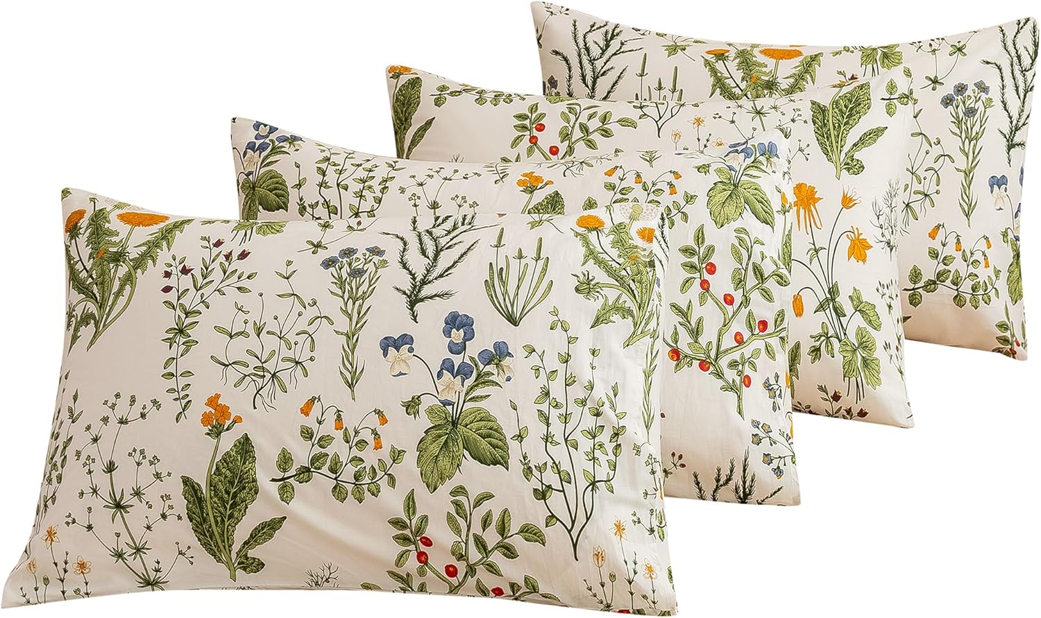 ECOCOTT 4 Pack Pillowcase Queen Size with Green Botanical Floral Leaves Pillow Cases Set, 100% Cotton Queen Pillow Covers Envelope Closure (Queen, 20"x30")