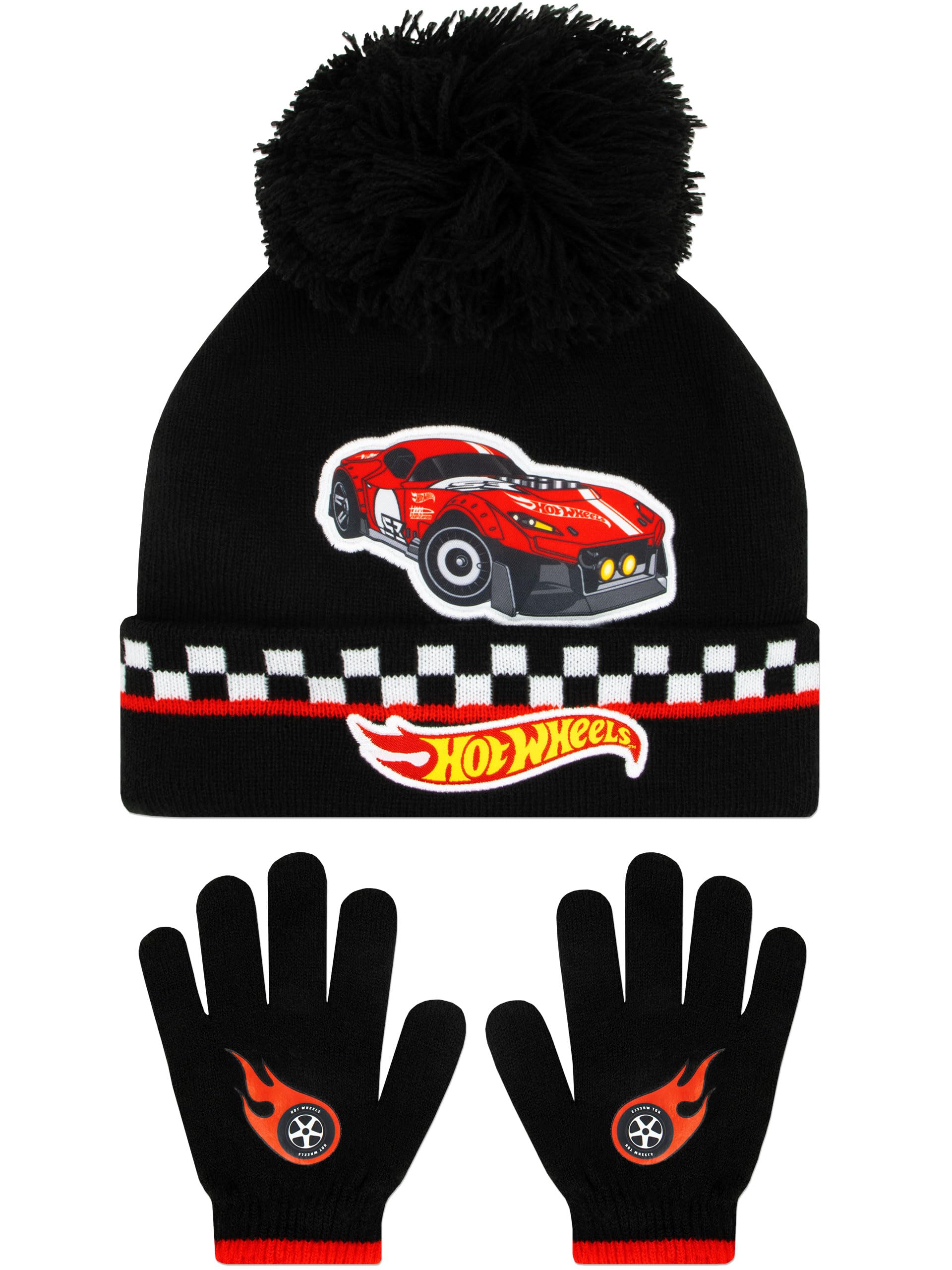 Hot Wheels Boys Black Kids Hat And Gloves Set | Race Car Winter Hats For Kids | Hat And Gloves Set | One Size