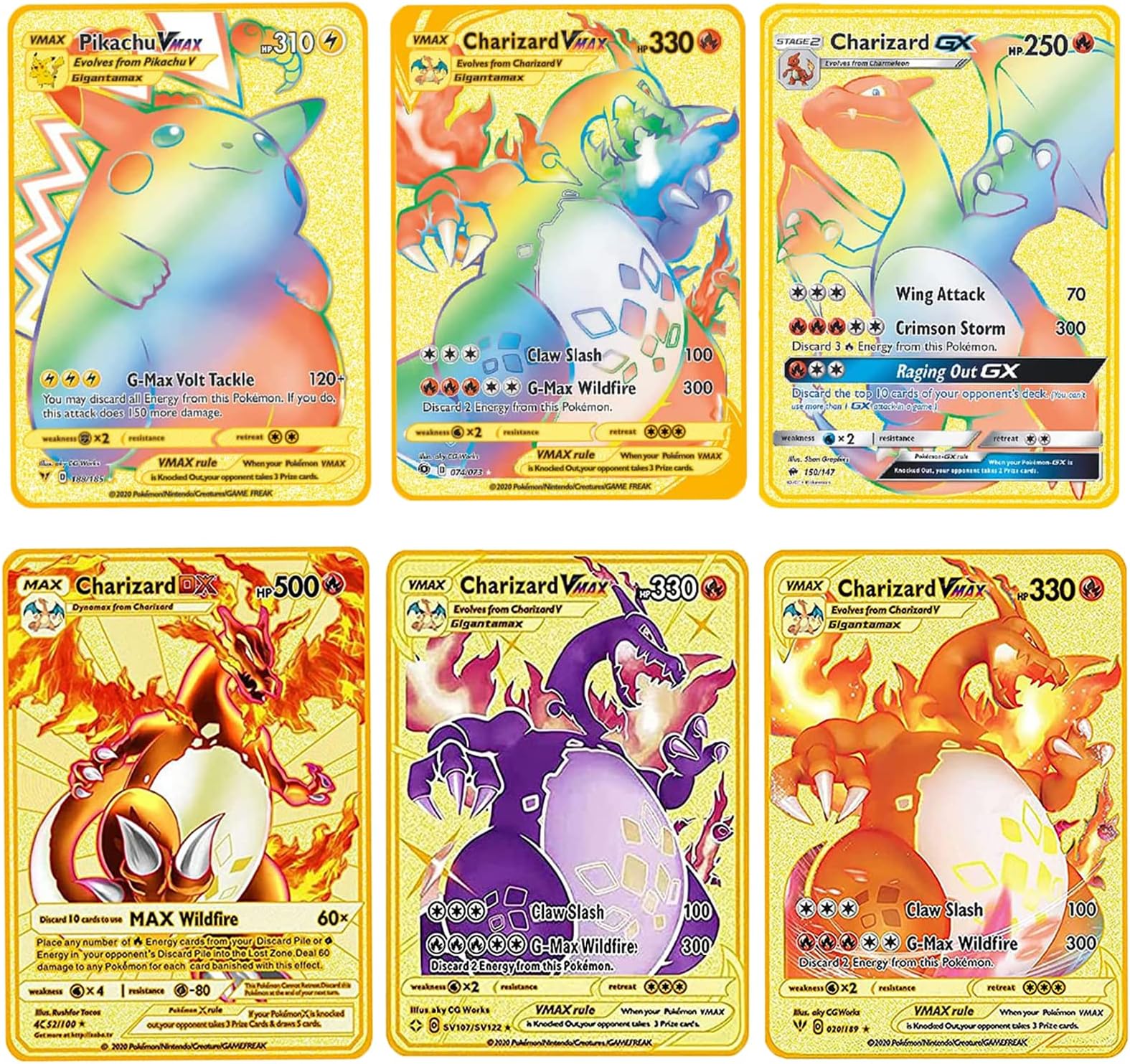 6Pcs Golden Metal Vmax Cards Set Rainbow Rare Metal Gold Cards Gifts for Kids and Collectors