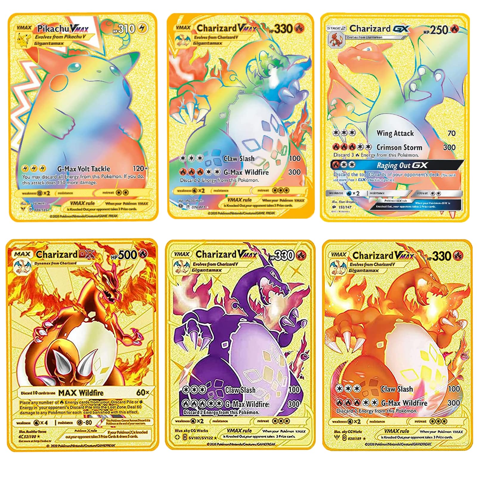 6Pcs Golden Metal Vmax Cards Set Rainbow Rare Metal Gold Cards Gifts for Kids and Collectors