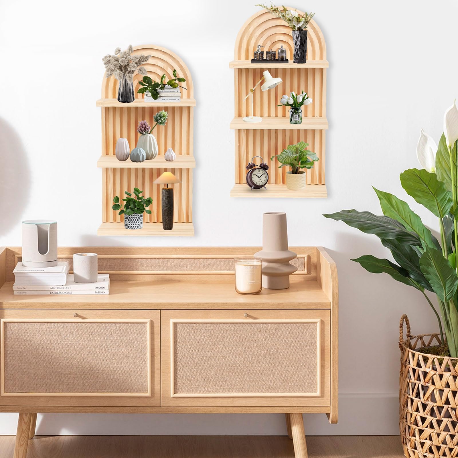 Moderne Boho wandplank, 2 stuks houten boho-plank | Muur regenboog boog boho zwevende planken, Boho houten regenboog wandplanken, Boheemse hangende plank wandhouder boekenplank voor thuis, kantoor