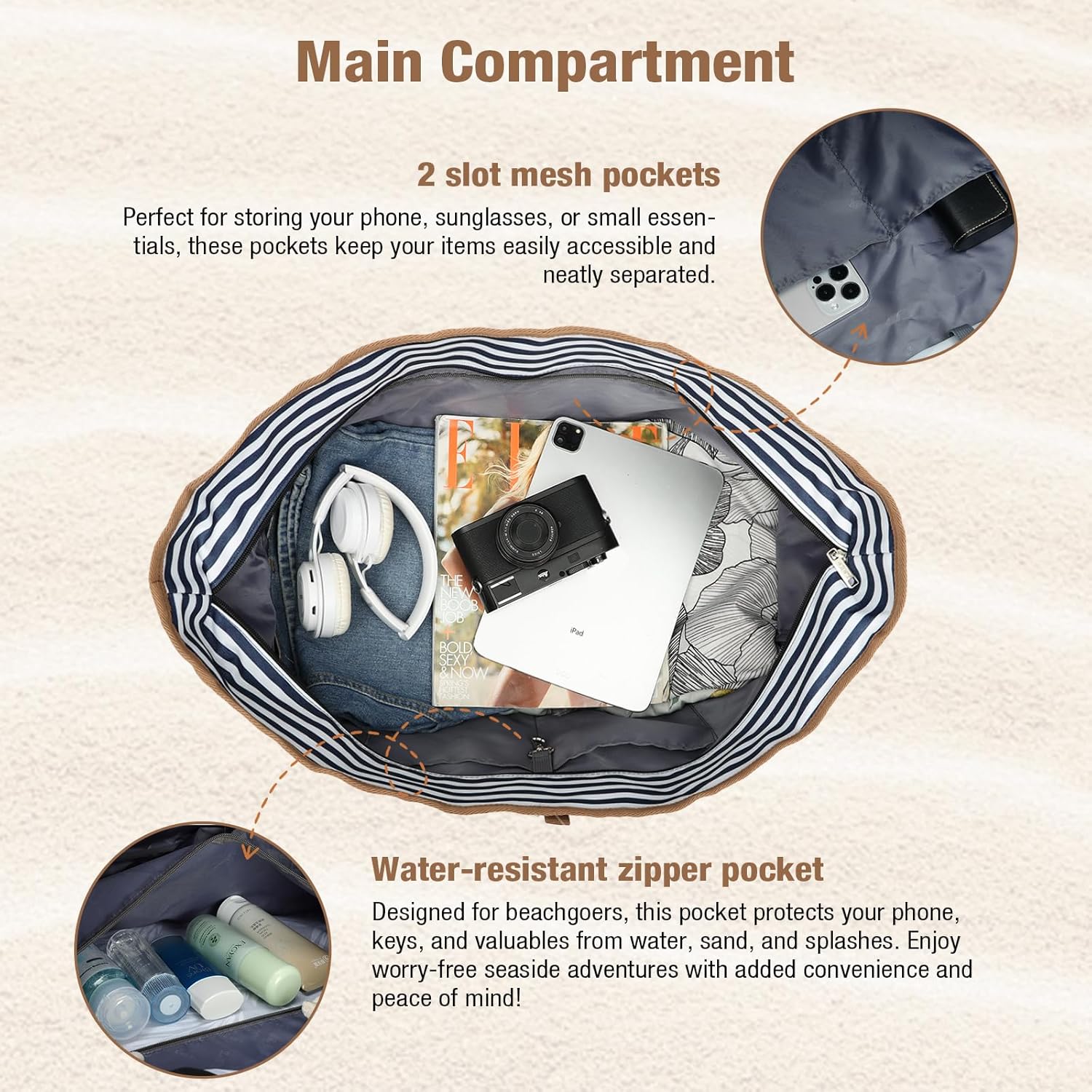 Beach Bag for Women - 35L Large Tote Bag, Waterproof & Sandproof, Zippered Carry On Bag for Pool, Beach & Travel - Image 5