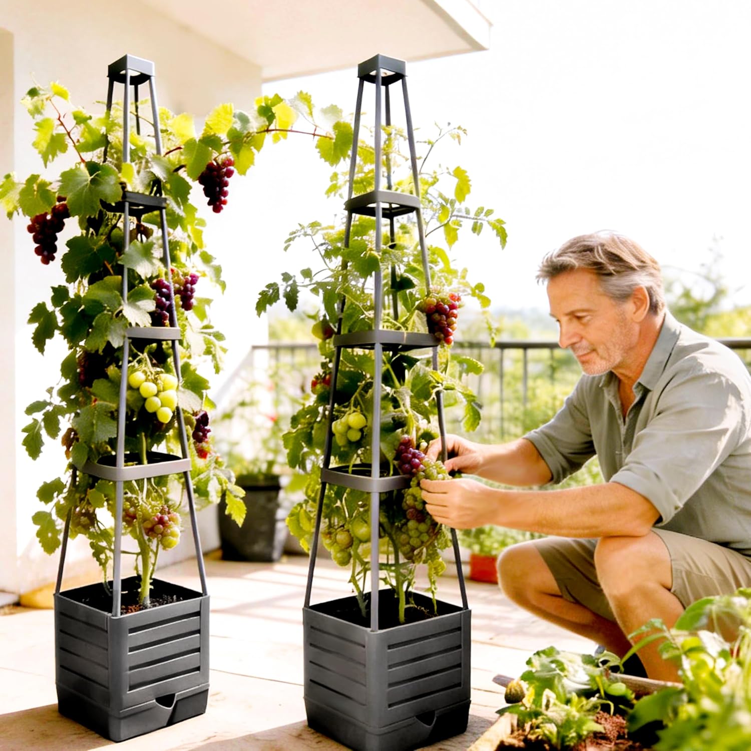 SYITCUN Tomato Planter with Trellis, 57 Inch Self-Watering Planter Box 2-Pack, Grey Planter with Metal Support for Outdoor Indoor Climbing Plants