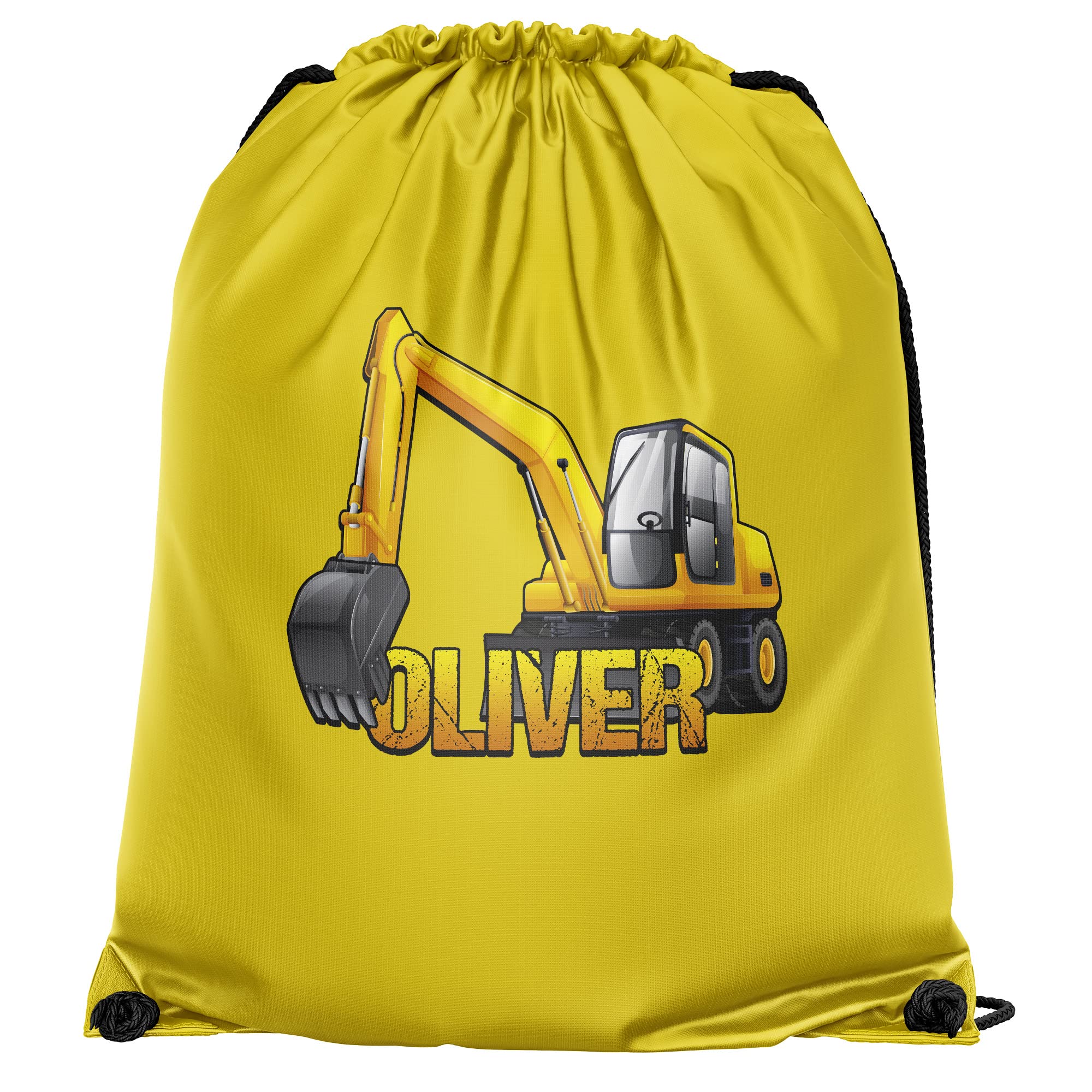 Personalised Yellow Digger Drawstring Bag, Custom Back to School and Nursery Gifts for Boys, Digger Crazy Boys, Essential Kids PE Kit Swimming Bag, One Size, Yellow