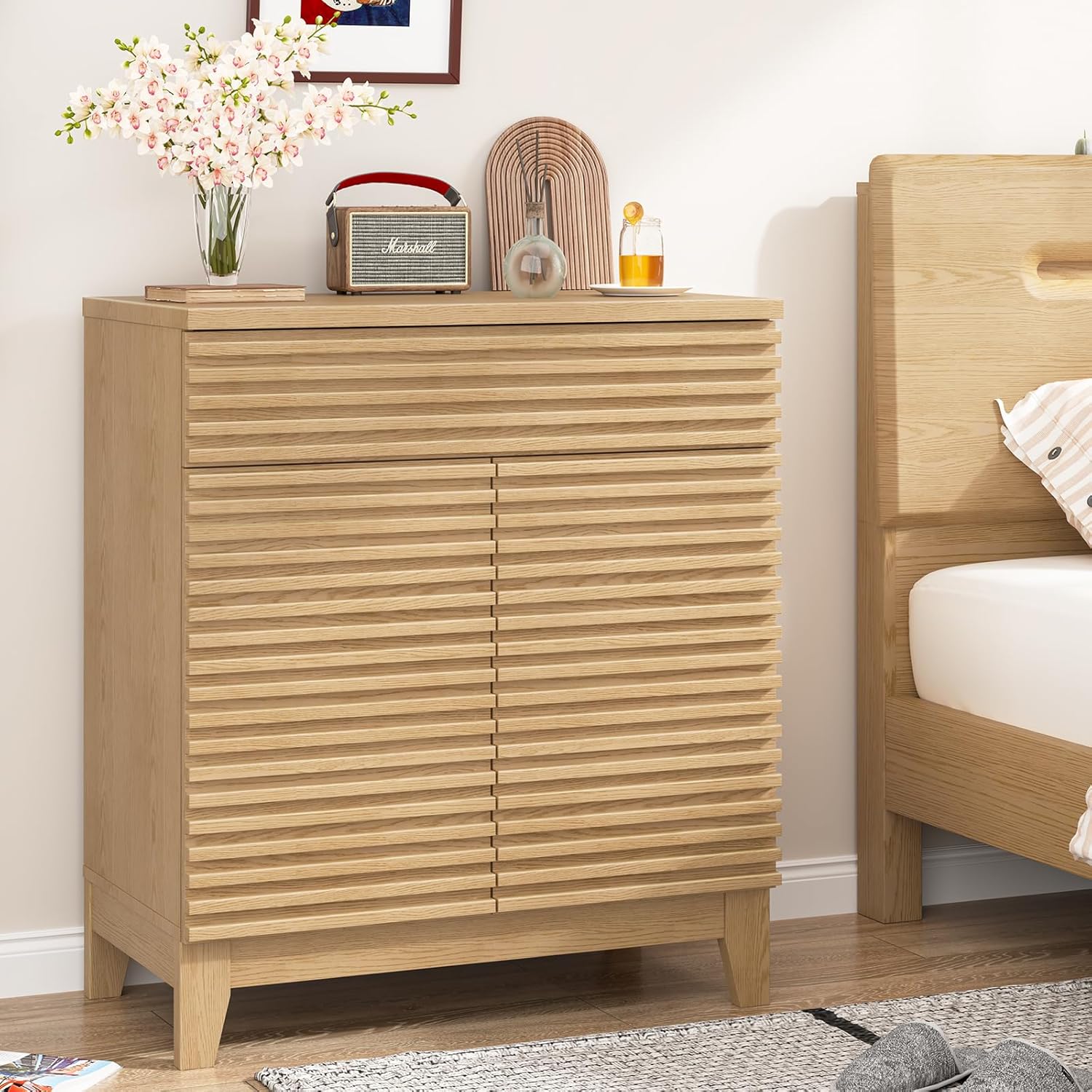 Vabches Fluted Buffet Cabinet with Storage, Coffee Bar Cabinet with a Drawer, Sideboard Buffet Kitchen Storage Cabinets with Adjustable Shelves for Living Room, Kitchen, Natural Oak