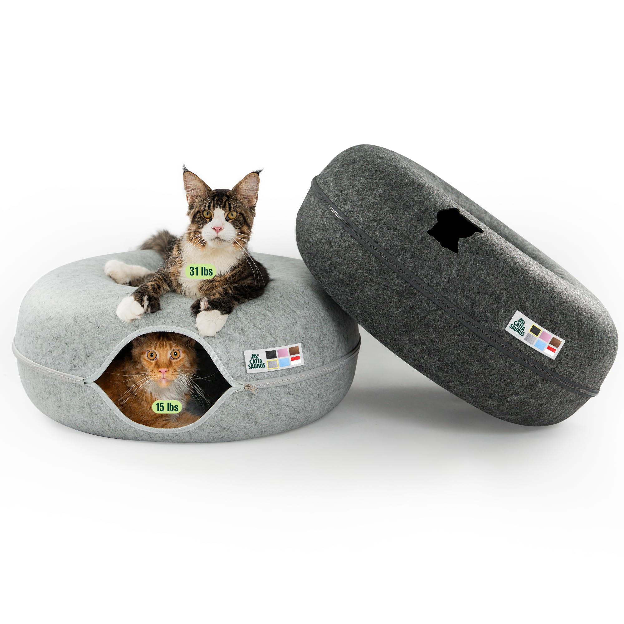 Cattasaurus Peekaboo Cat Cave Duo Jumbo Set, Extra Spacious Cat Donut for Multiple &amp; Large Kitty 15+ lbs, Scratch Detachable Cat Beds for Indoor Cats, Washable Cat Tunnel Bed, Best Kitten Toys
