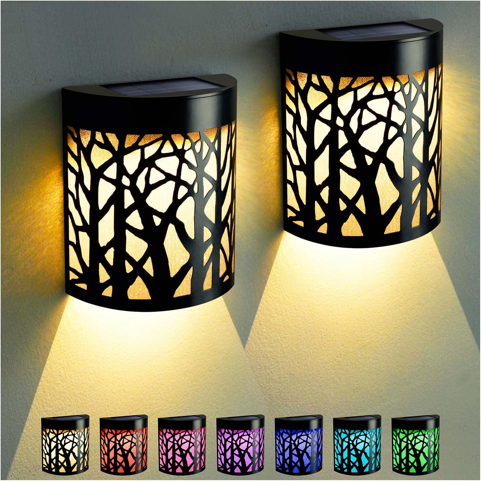 DenicMic Solar Wall Lights Outdoor Wall Sconce Fence Lighting for Patio Front Door Yard Deck Stair Led Forest Decorative Lamps, Waterproof, Warm White/Color Changing (2 Pack)