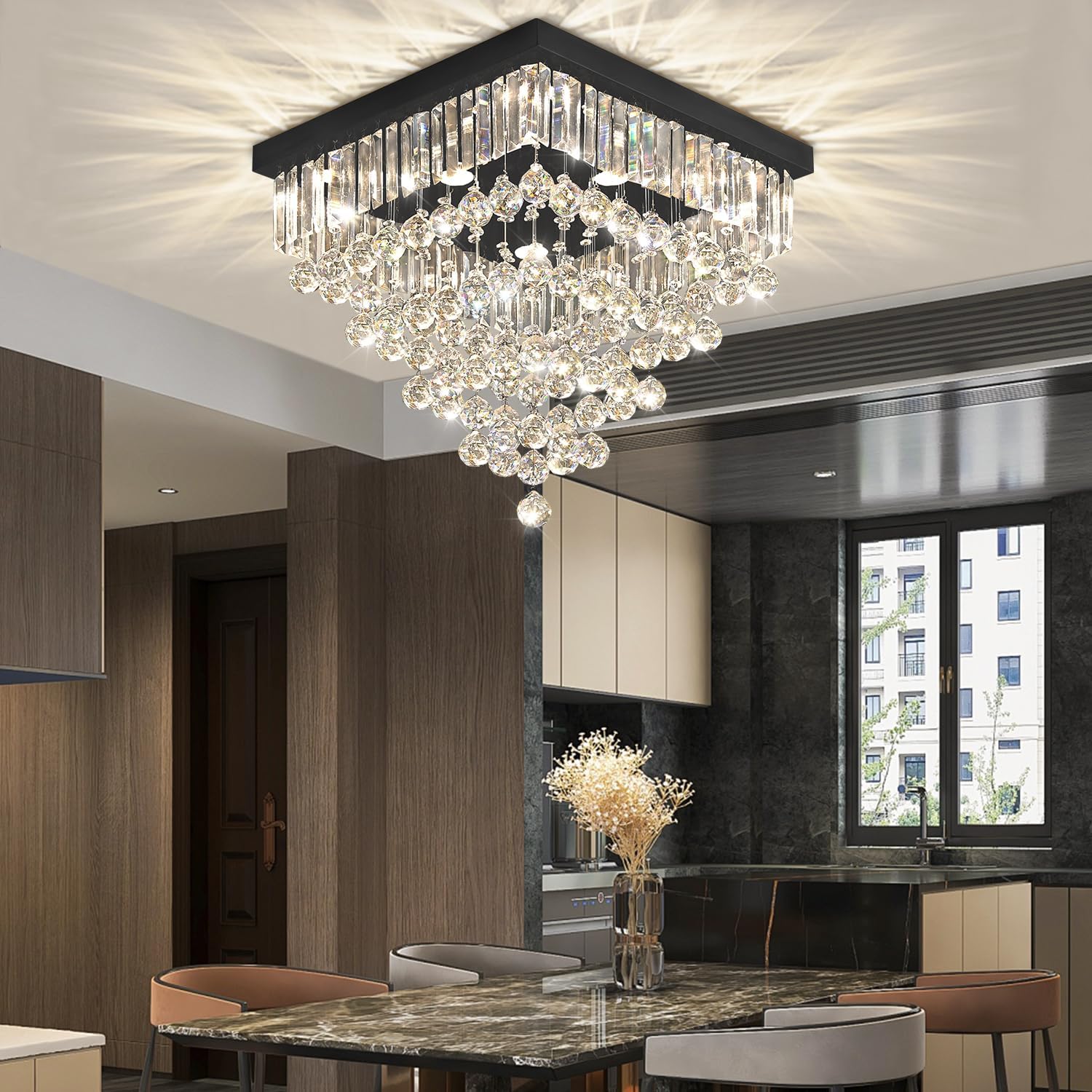 Luxury 20" Square K9 Crystal Flush Mount Chandelier, Modern Black 6-Light LED Ceiling Light, Dimmable Chandeliers Fixture for Dining Room, Living Room, Bedroom, Entryway