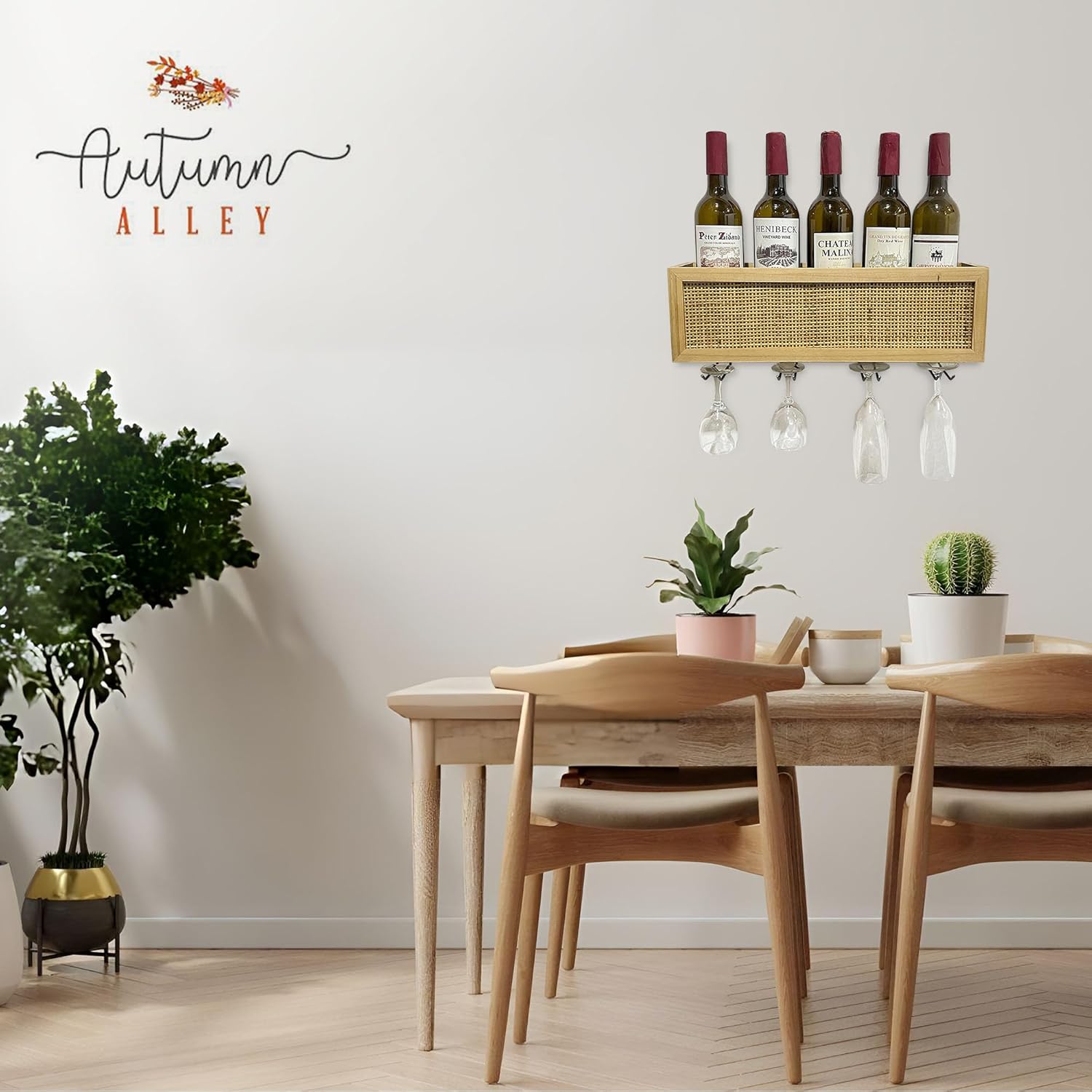 Autumn Alley Wall Mounted Wine Rack - Wine Glass Holder with Natural Rattan Caning - Boho Wine Bottle Holder Hanging for Home, Kitchen, Dining Room,Bar, Wood and Rattan Wall Decor