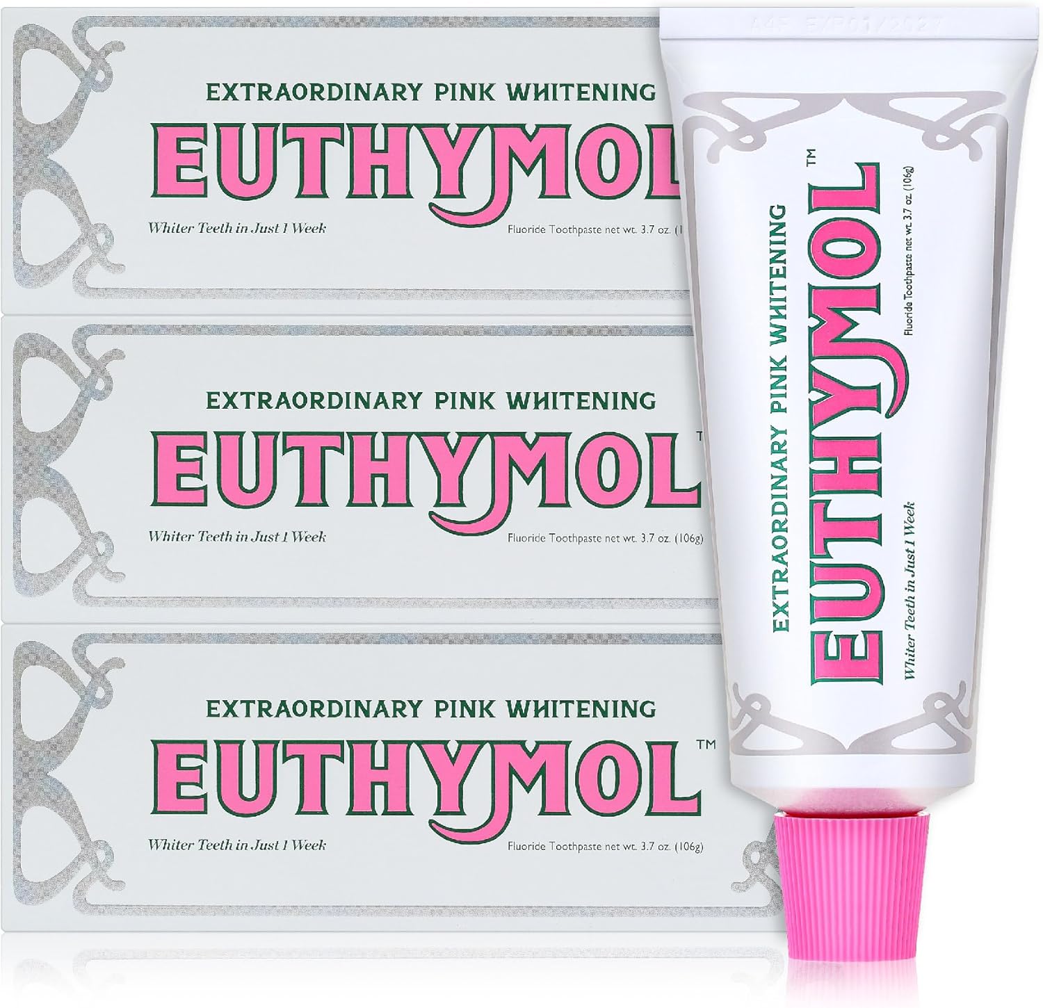 (only 1) EUTHYMOL Whitening Toothpaste - Stain Removal in 2 Weeks, Long-Lasting Freshness for Sensitive Gum & Teeth. Bad Breath, Cavity Prevention. Recyclable Aluminum Tube.
