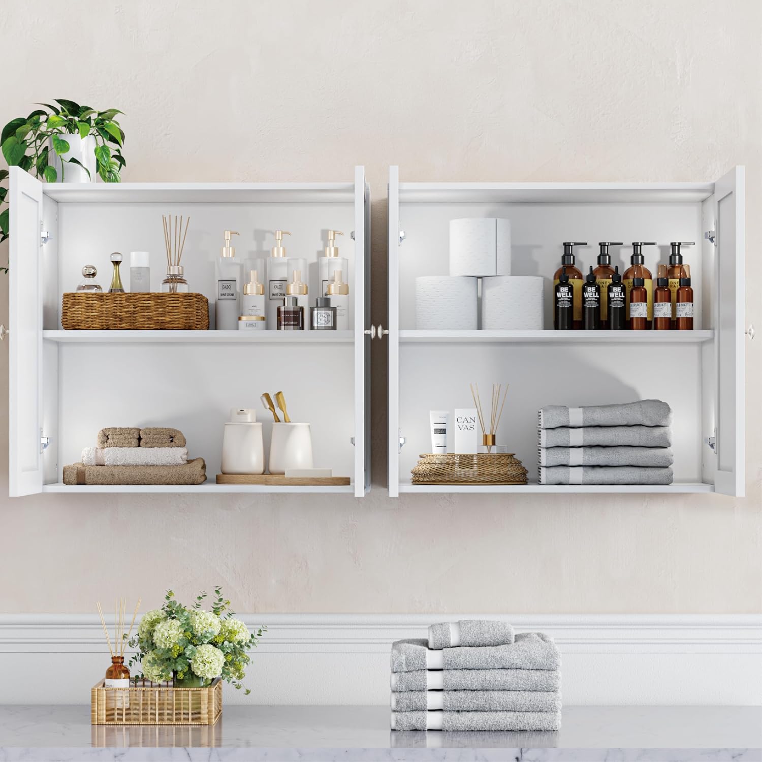 Furnaza Rattan Wall Cabinets Set - Kitchen Wall Mounted Storage Cabinets with 2 Paper Rattan Doors and Shlelf Adjustable in Laundry or Bathroom Over The Toilet,One Set of 2 Pcs, in White