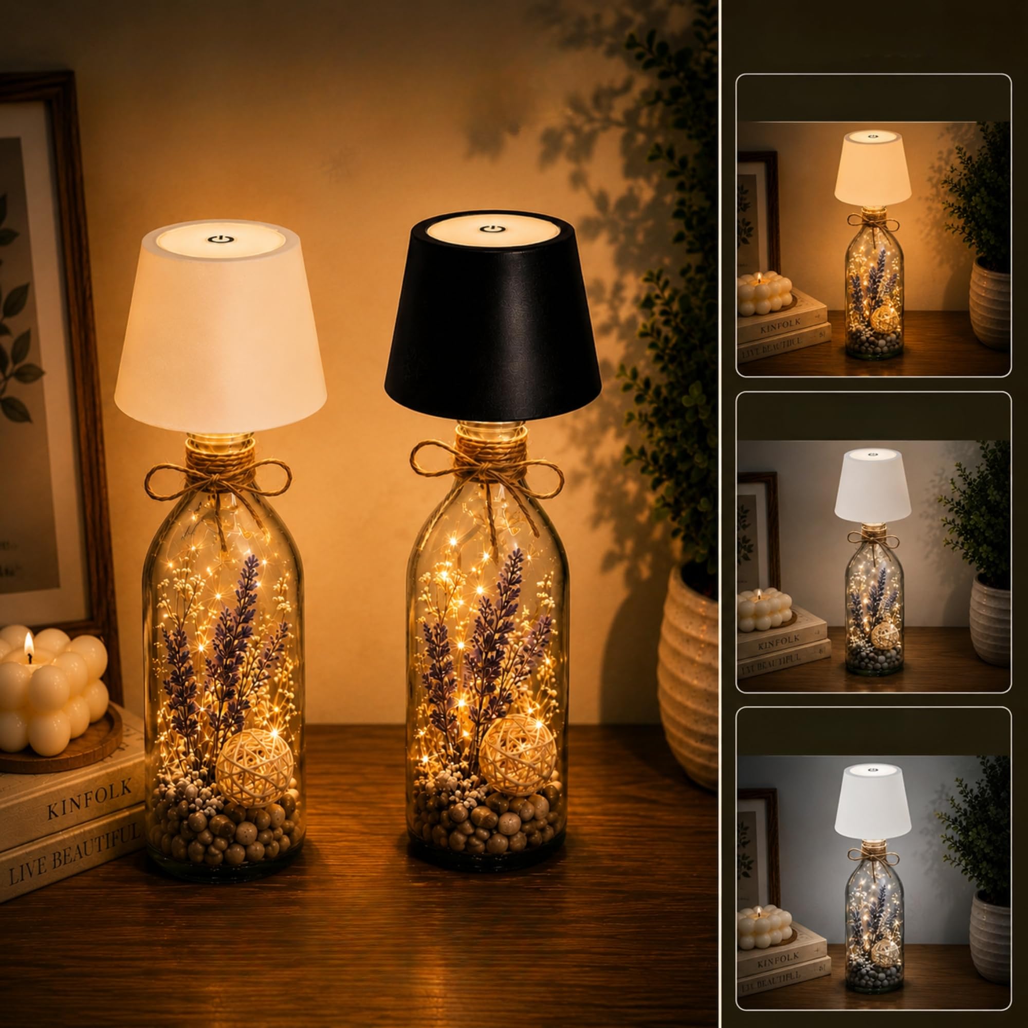 ANKRI Wireless Bottle Lamp Combo LED 3 Colour Tones with Dimming | Touch Sensor On/Off | Night Light Lamp for Cafe Restaurant Home Living Room | 15 cm | USB Rechargeable | Black & White | Pack of 2