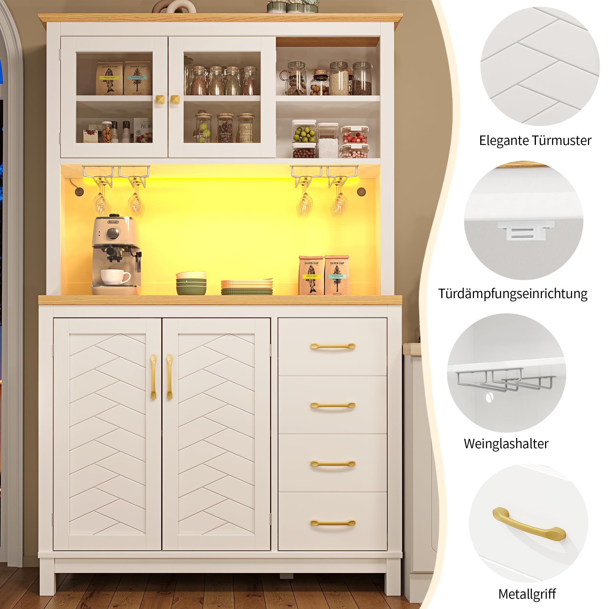 Armadio da cucina con piano di lavoro e illuminazione a LED, armadietto da cucina con scaffale per snack e porta bevande, buffet da cucina con 2 cassetti, 120 x 40 x 188 cm (bianco - A)