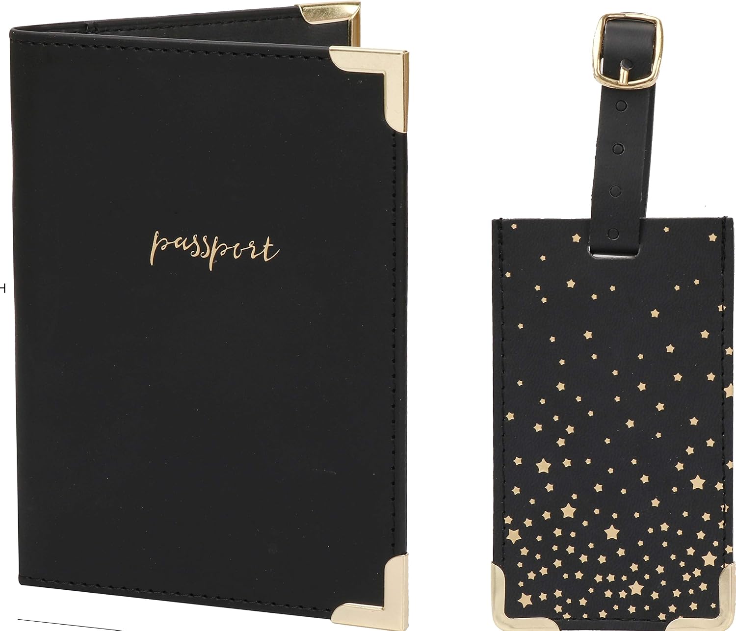Luggage Tag with Passport Holder Cover for Women Gift Set | Synthetic Vegan PU Leather Wallet Travel Accessories | Cruise Essentials (Black)