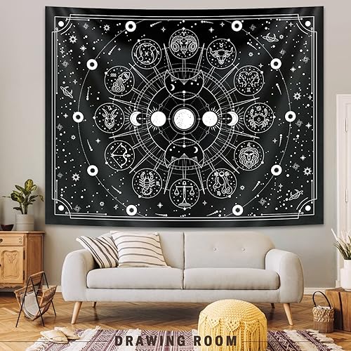 Miniatura 9 de Tapiz de bruja, astrología del zodiaco, tapiz de constelación blanco y negro para decoración de pared, diseño psicodélico de estrellas espaciales,