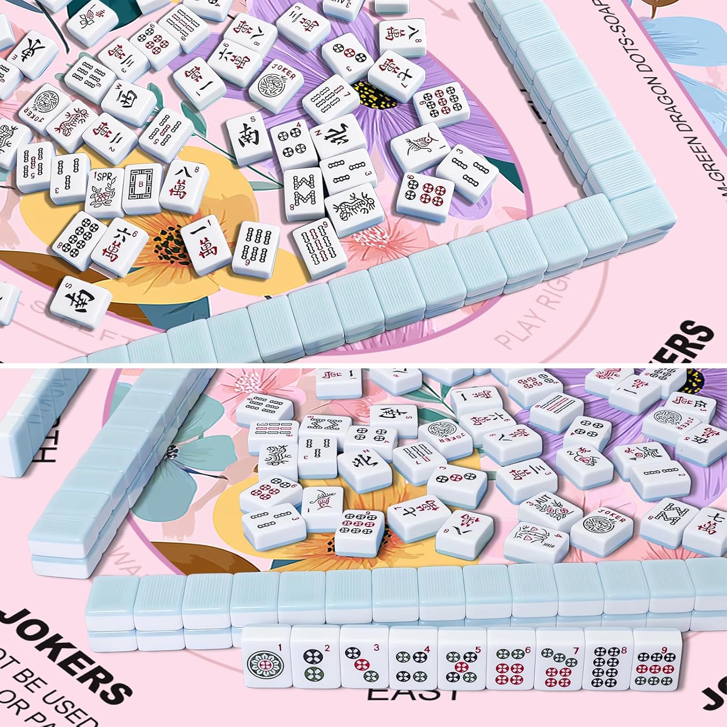 Mahjong Mat (32"x32") Noise Reduction Non-Slip with Playing Instructions for Learning, Pink Floral Mahjong Mat for Table with Carrying Bag for Mahjong, Poker, Board Games and Cards
