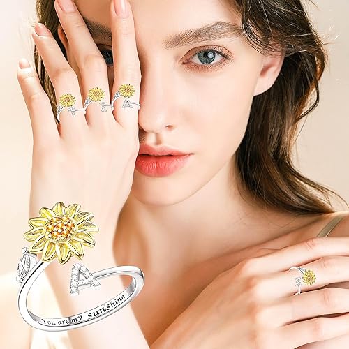 Miniatura 3 de Kucheed Anillos giratorios para mujeres, anillo giratorio de tamaño ajustable con diseño de girasol, anillo circular de dedo plateado apilable para