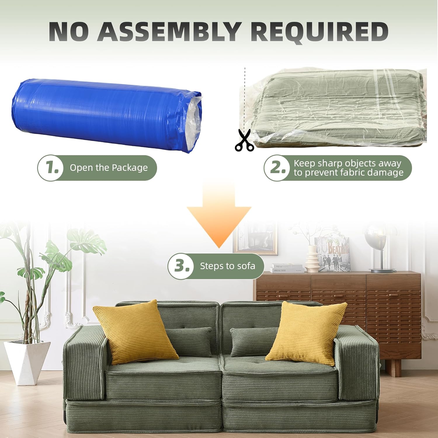Modular Sofa Bed, No Assembly Required Sectional Couch for Living Room, Compressed Cloud Couch with Corduroy Fabric & Lumbar Pillows, Small Space Furniture Green