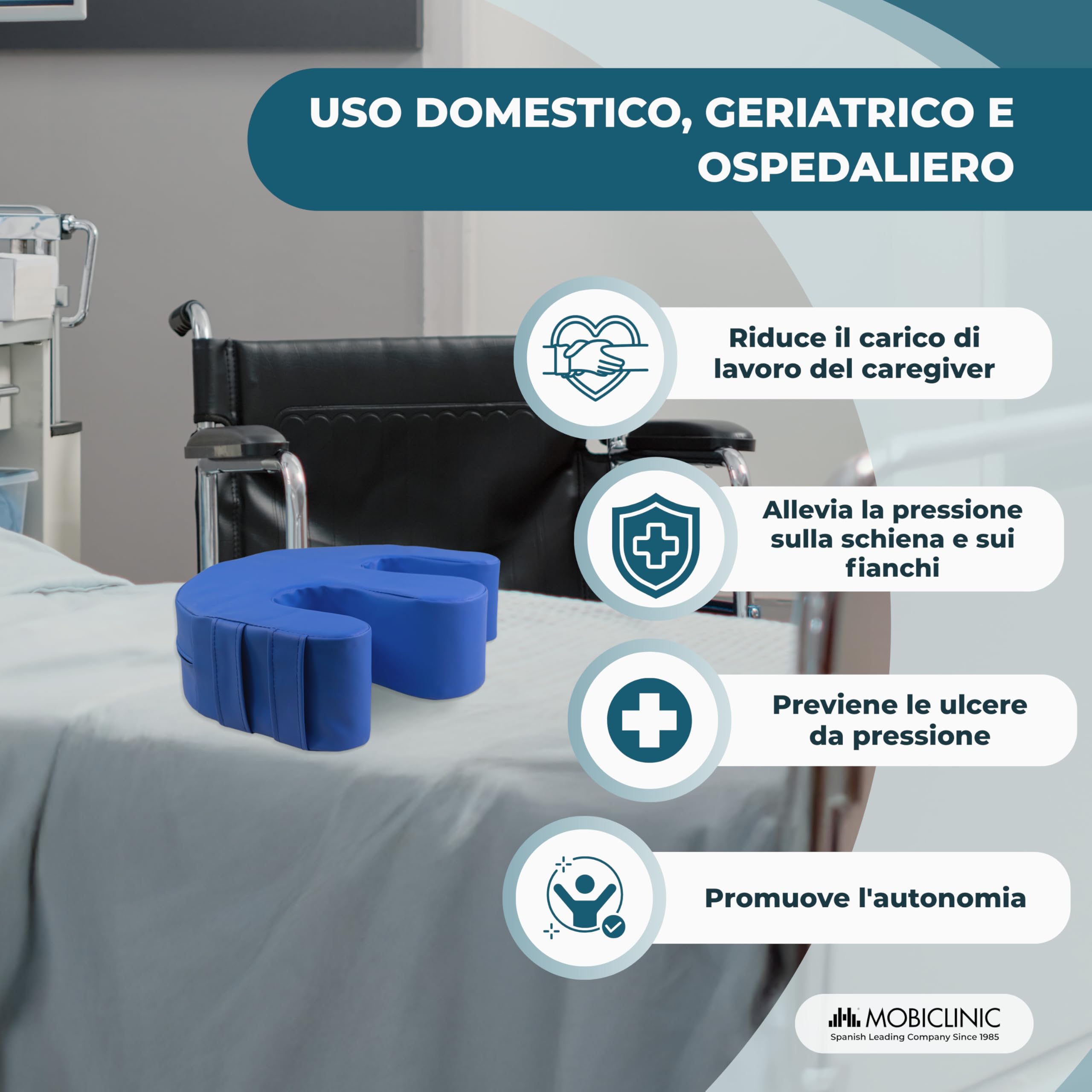 Mobiclinic®, Cuscino rotante per persone allettate, Antidecubito, Schiuma, Maniglie per cambio postura, Forma a U, Fodera Impermeabile Lavabile, Base Antiscivolo, 50x40,5x12 cm, 100 kg, Folk