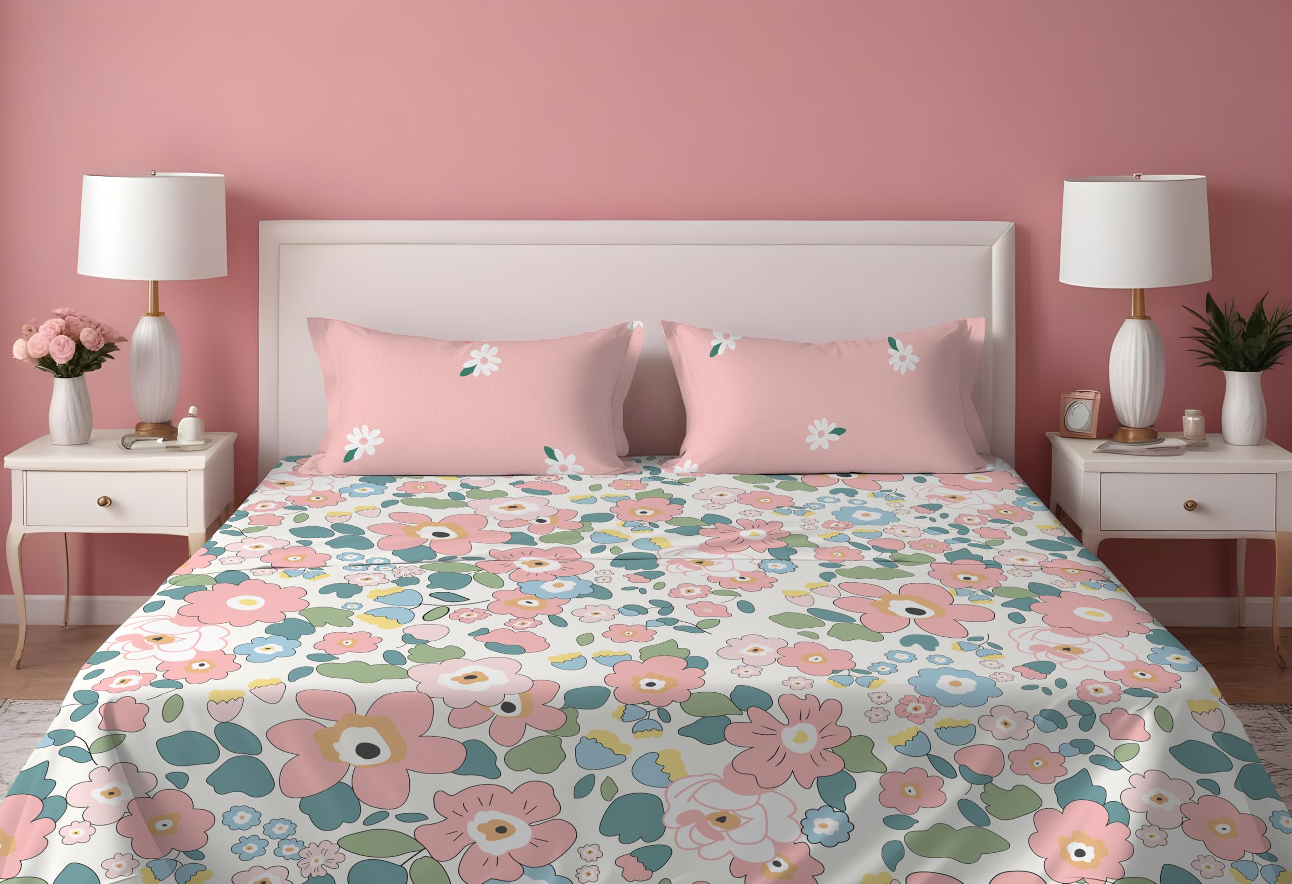 Prime Collections 160TC Glace Cotton Wrinkelfree Breathable Supersoft Double Flat Bedsheet with 2 Pillow Covers (Pink Multi, Flat)