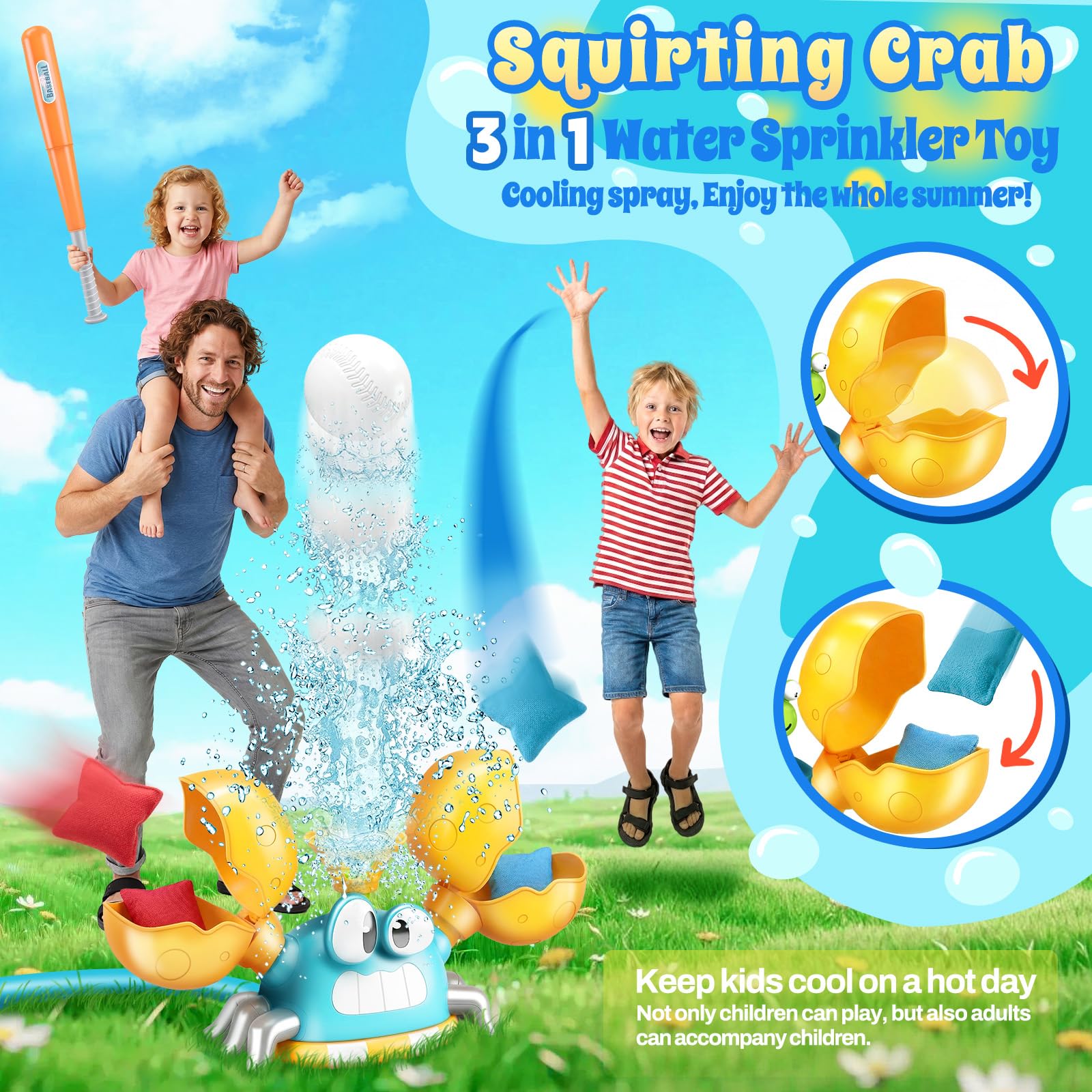 Jouet 3 en 1 pour enfants crabe arroseur, jeu de baseball avec lancer de sacs sable arroseur d'extérieur avec buses rotatives fixe au tuyau d'arrosage pour l'été dans jardin garçon ou fille 3-12 ans
