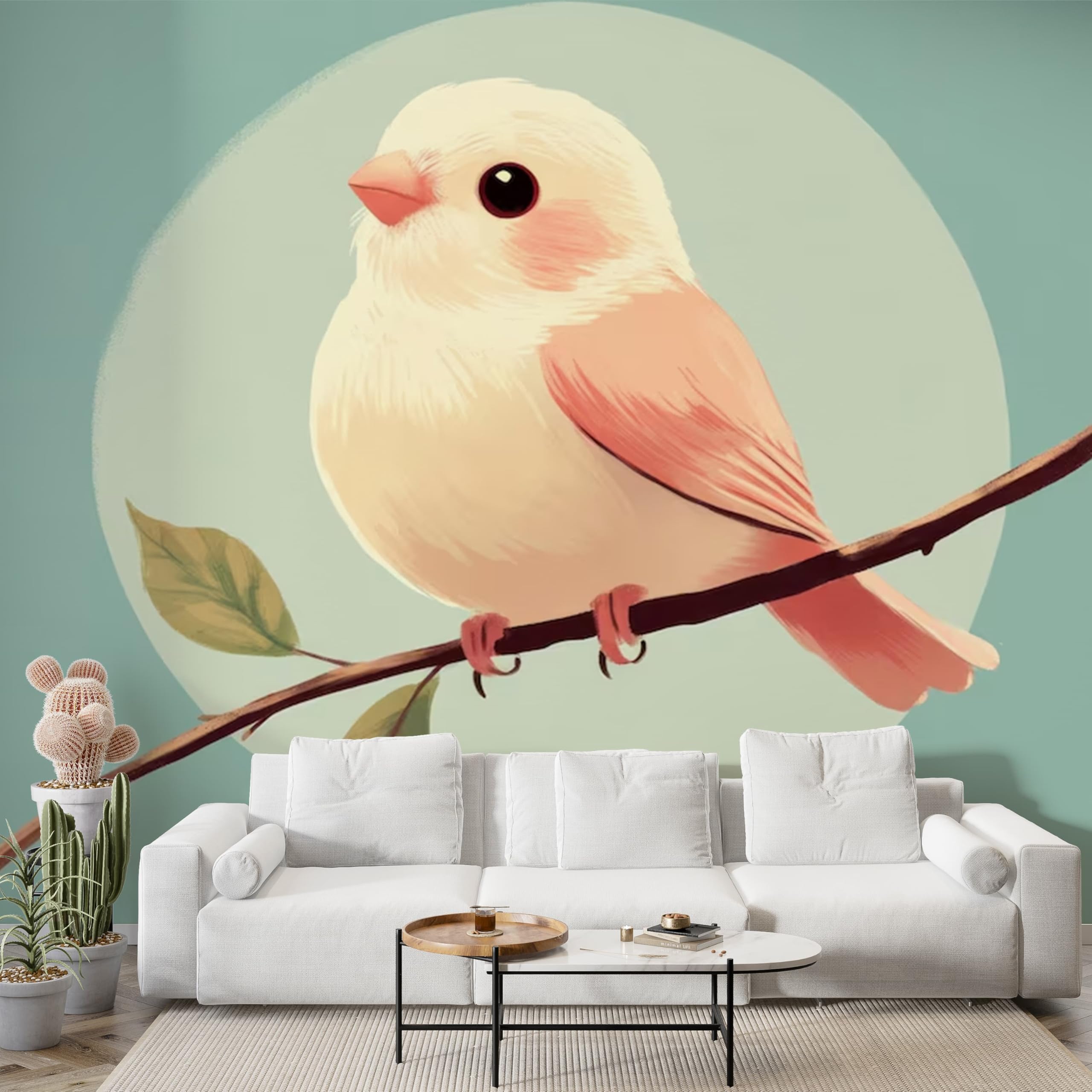 Papier peint panoramique oiseau feuille adhésif mural dessin animé chambre 300x210