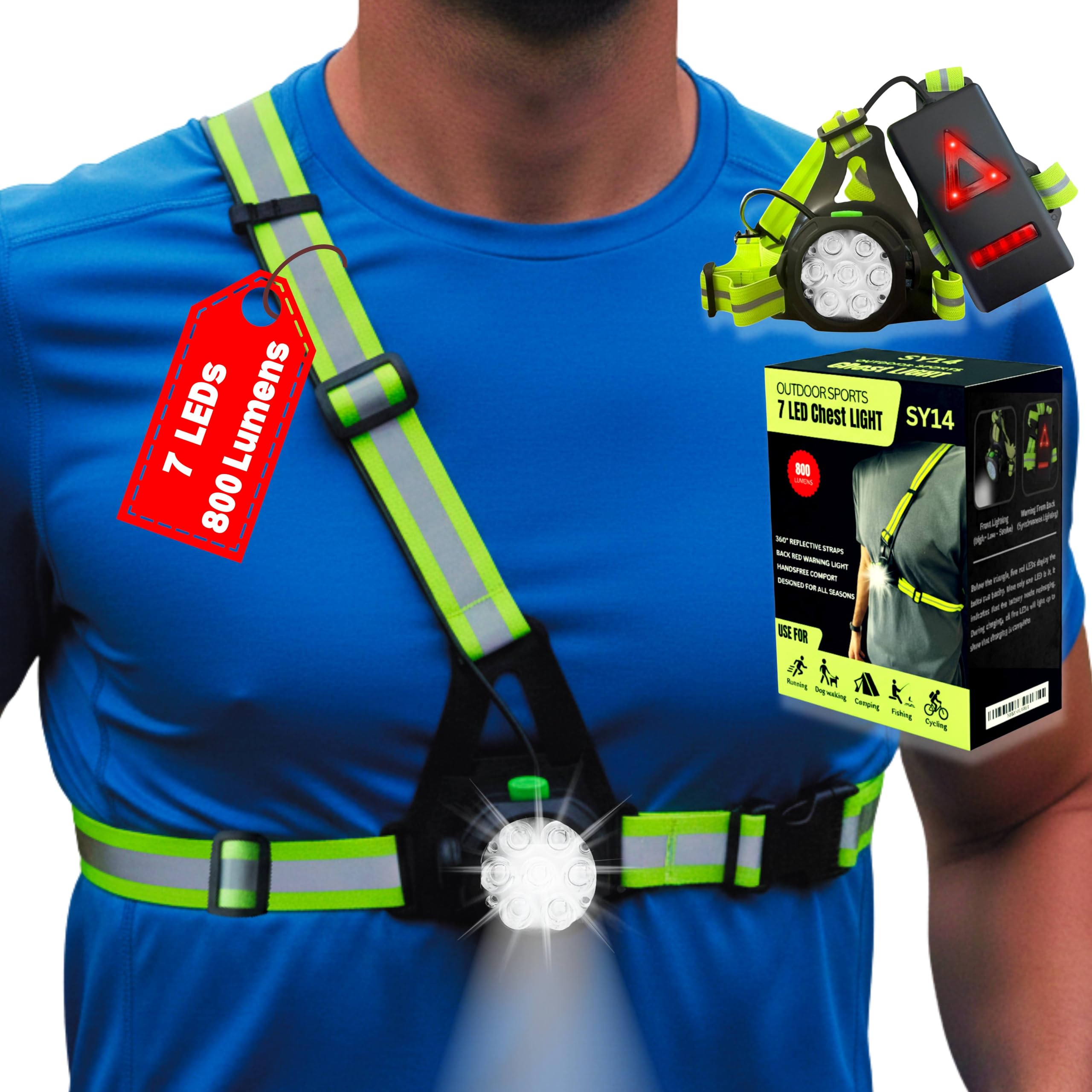 SY14 800LM Rechargeable Running Lights for Runners Ultra Bright 7LED Safety Reflective Light for Night Running 120° Adjustable Visibility Gear