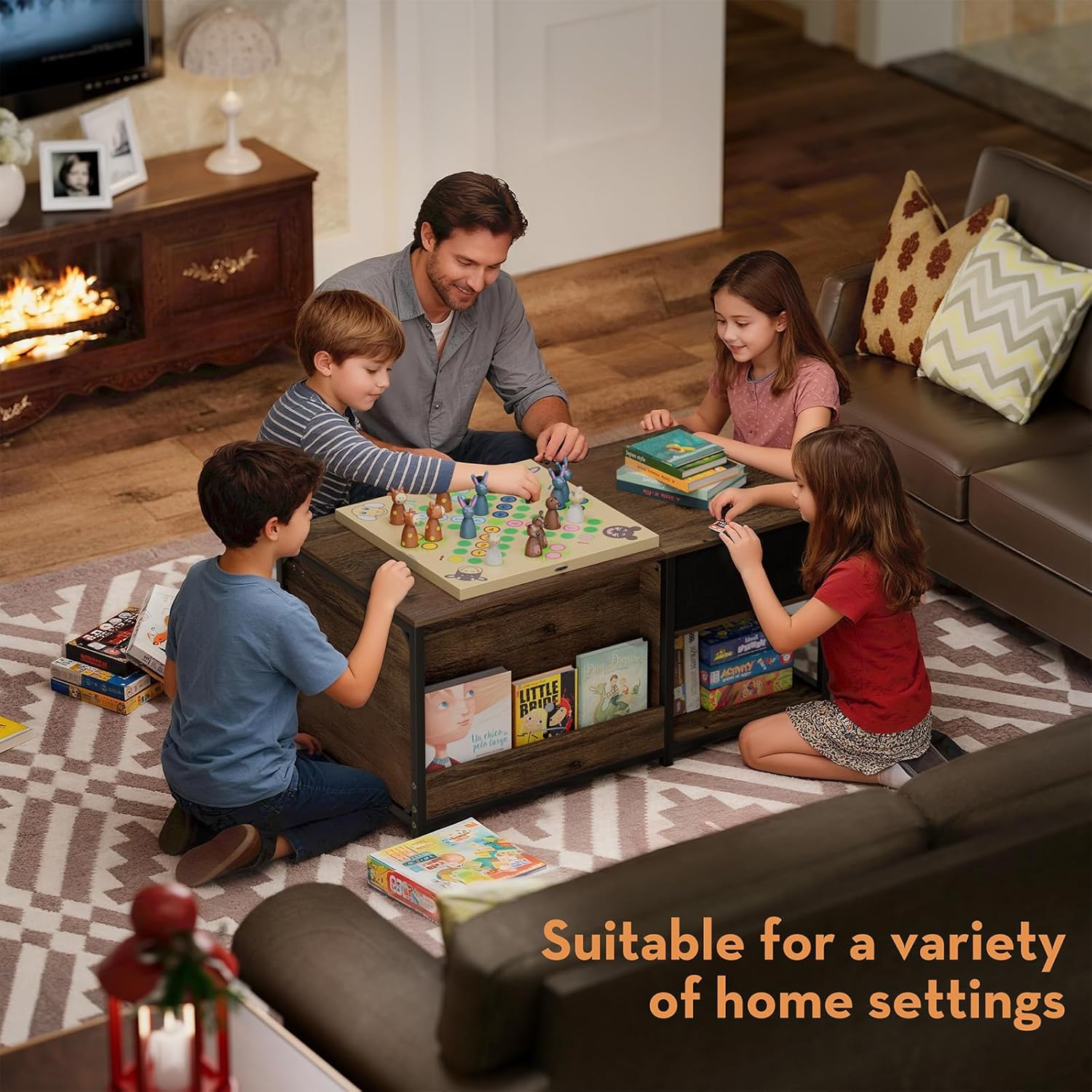 SINPAID Coffee Table with Storage, Rectangular Coffee Tables for Living Room, Farmhouse Coffee Table with Hidden Storage Compartment and Adjustable Shelves, Walnut