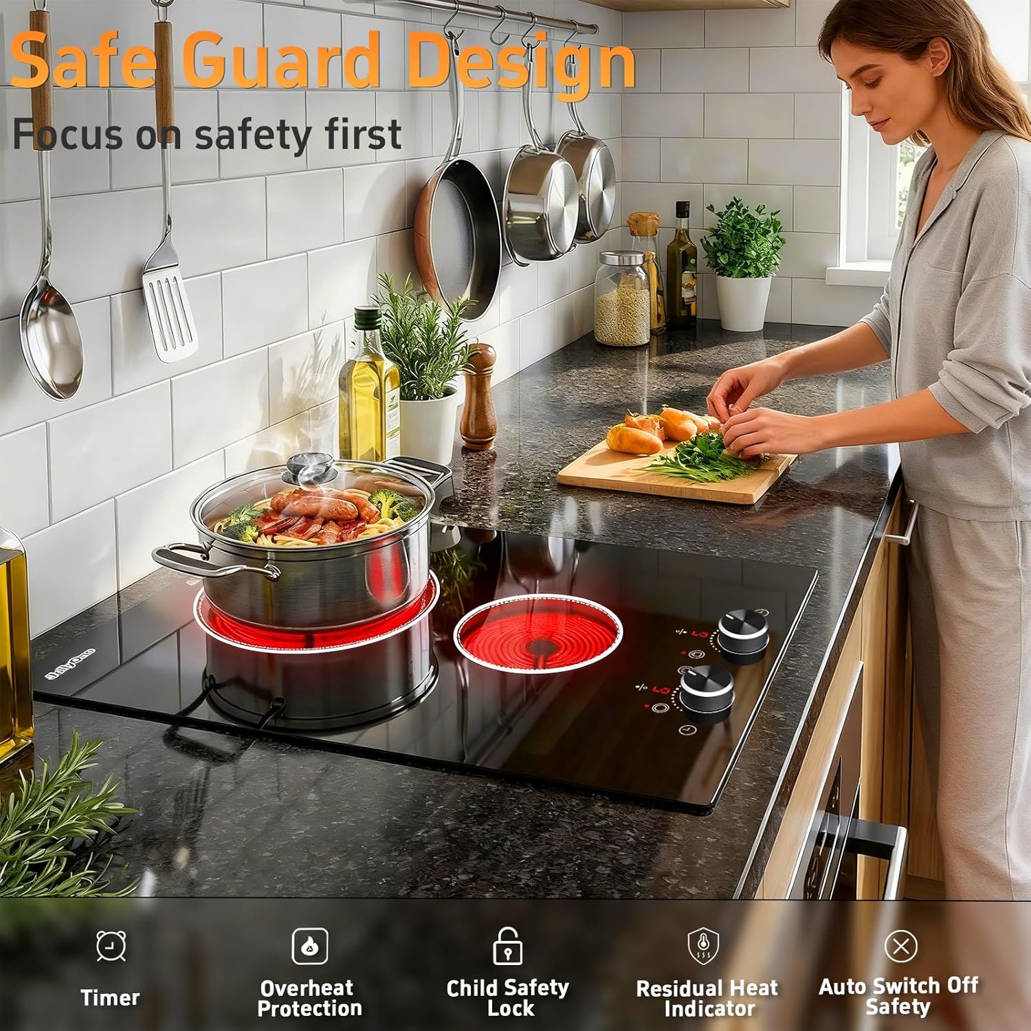 2 Burners Electric Cooktop 12 Inch, 1800W Knob Control Electric Stove Top Burner Hot Plate, 110V-120V Bulit-in & Countertop Ceramic Radiant Stove with Timer, Multi-Ring Control