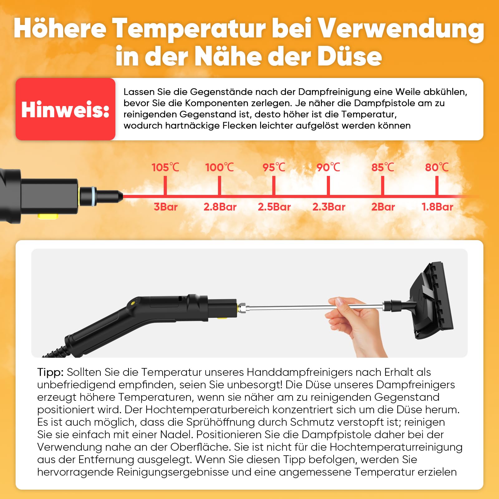 Dampfreiniger Mit 3 Stufig Verstellbarer Griff, Transportwagens, Mop, 1,6 L Wassertank, 15 Sekunden Aufheizzeit, 17 Zubehörteilen, für Boden, Küche, Fenstern,Badezimmern, Autos