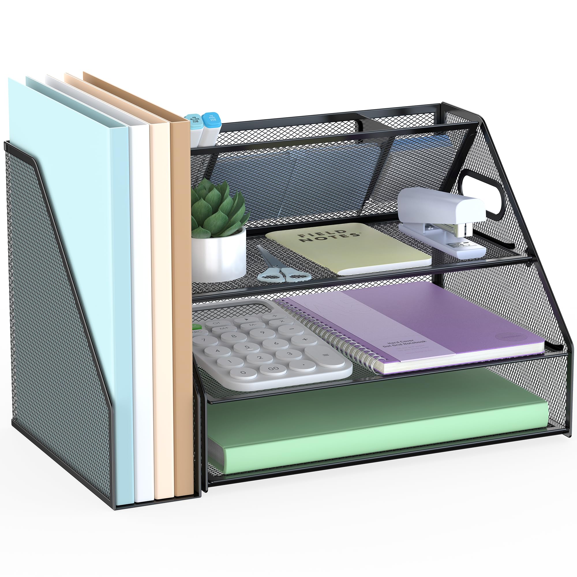 Docnest 3 Tier Metal Mesh Desk Organizer - Letter Tray with Built-in Pen Holder & Handle, Black