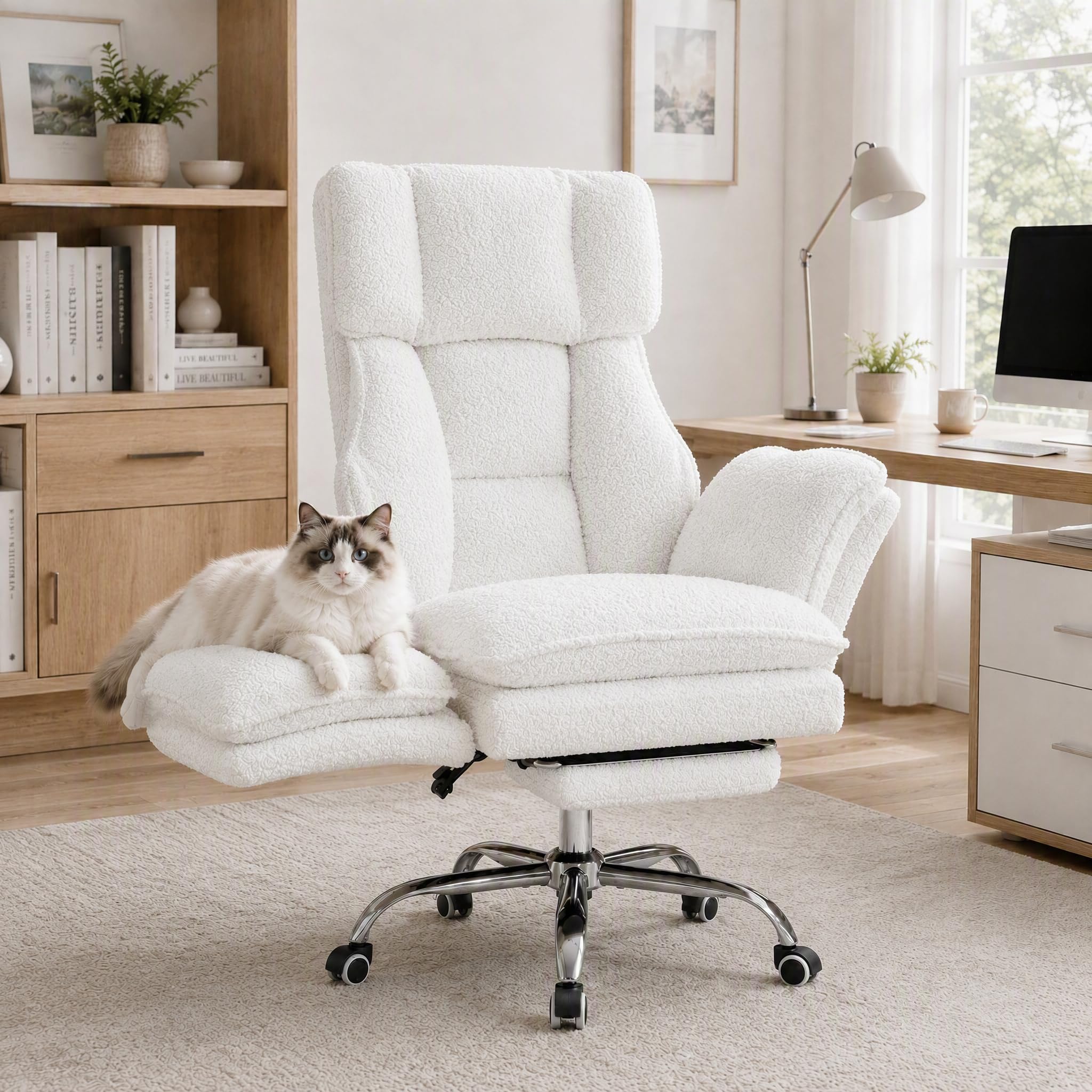 Ergonomic office chair with footrest, teddy fabric, white - White teddy plush
