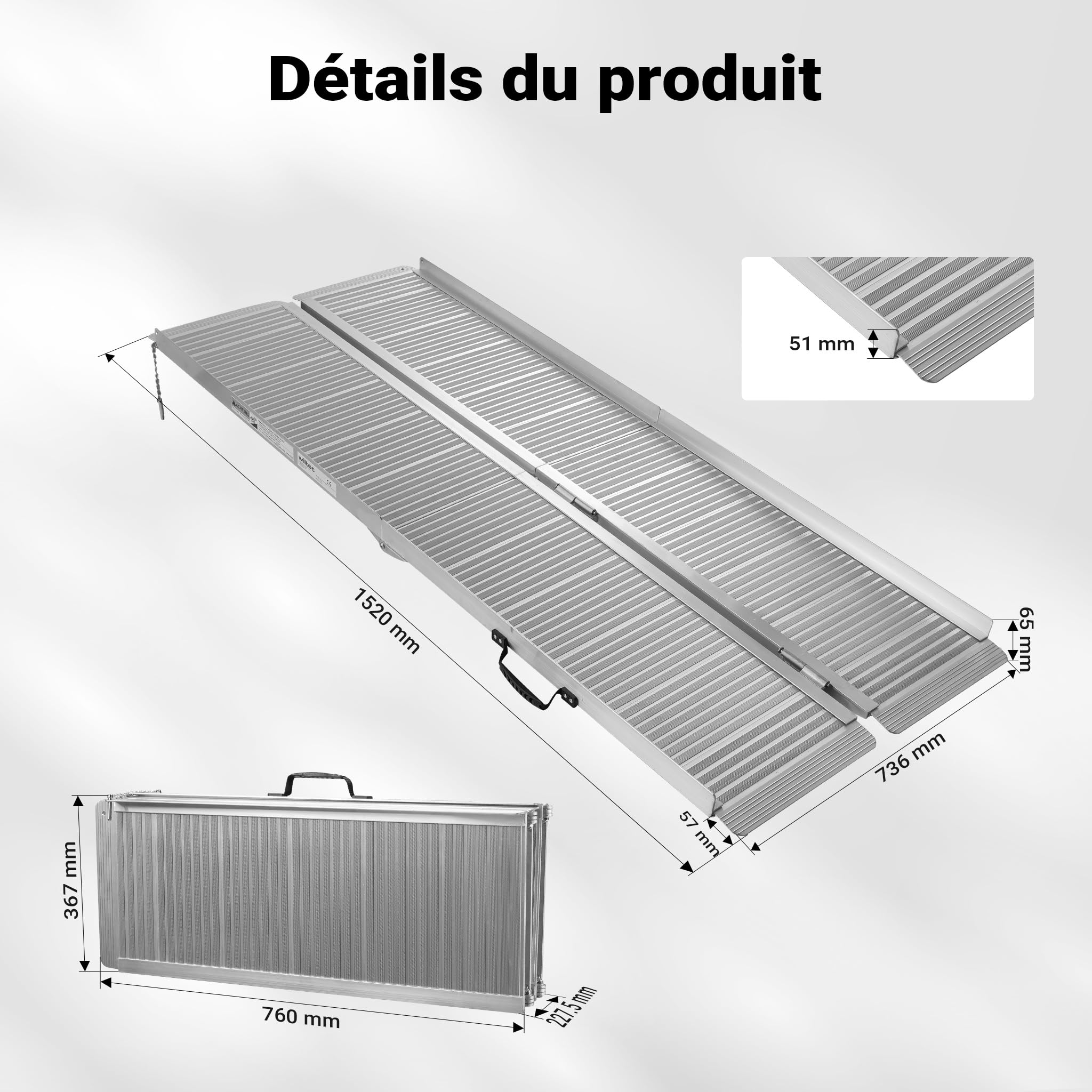 Wiltec Rampe pour Fauteuil Roulant – 1525 x 720 x 50 mm – capacité de Charge 270 kg – en Aluminium – Profil antidérapant – Rampe d'accès 2X Pliable Mobile pour Chaise Roulante, Handicapé, PMR