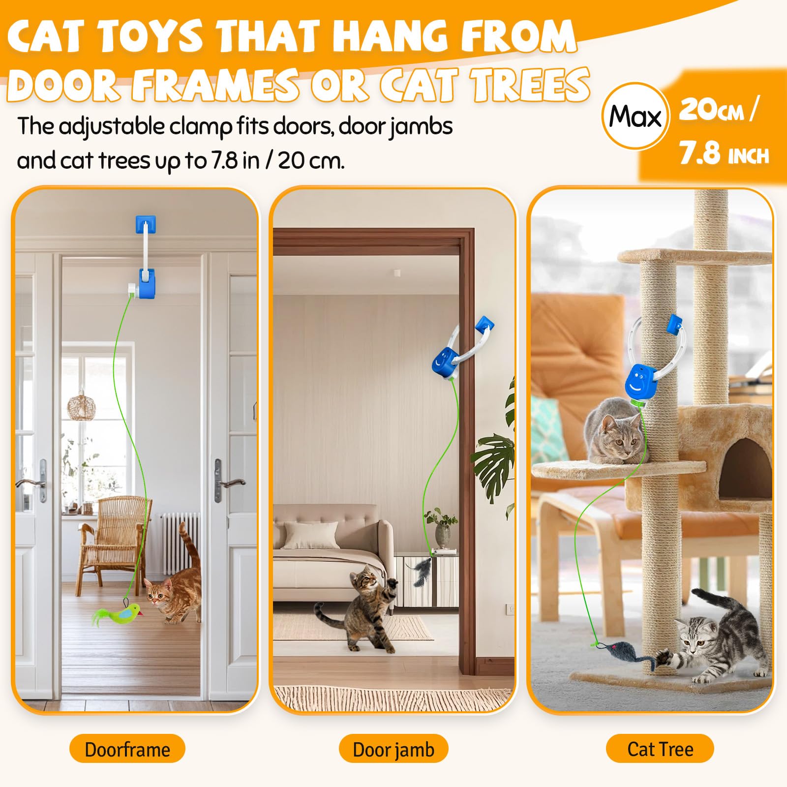 Juguetes interactivos para gatos de interior, marco de puerta colgante automático con pájaro, ratón y plumas, juguete de ejercicio activado por movimiento para gatitos aburridos y gatos adultos