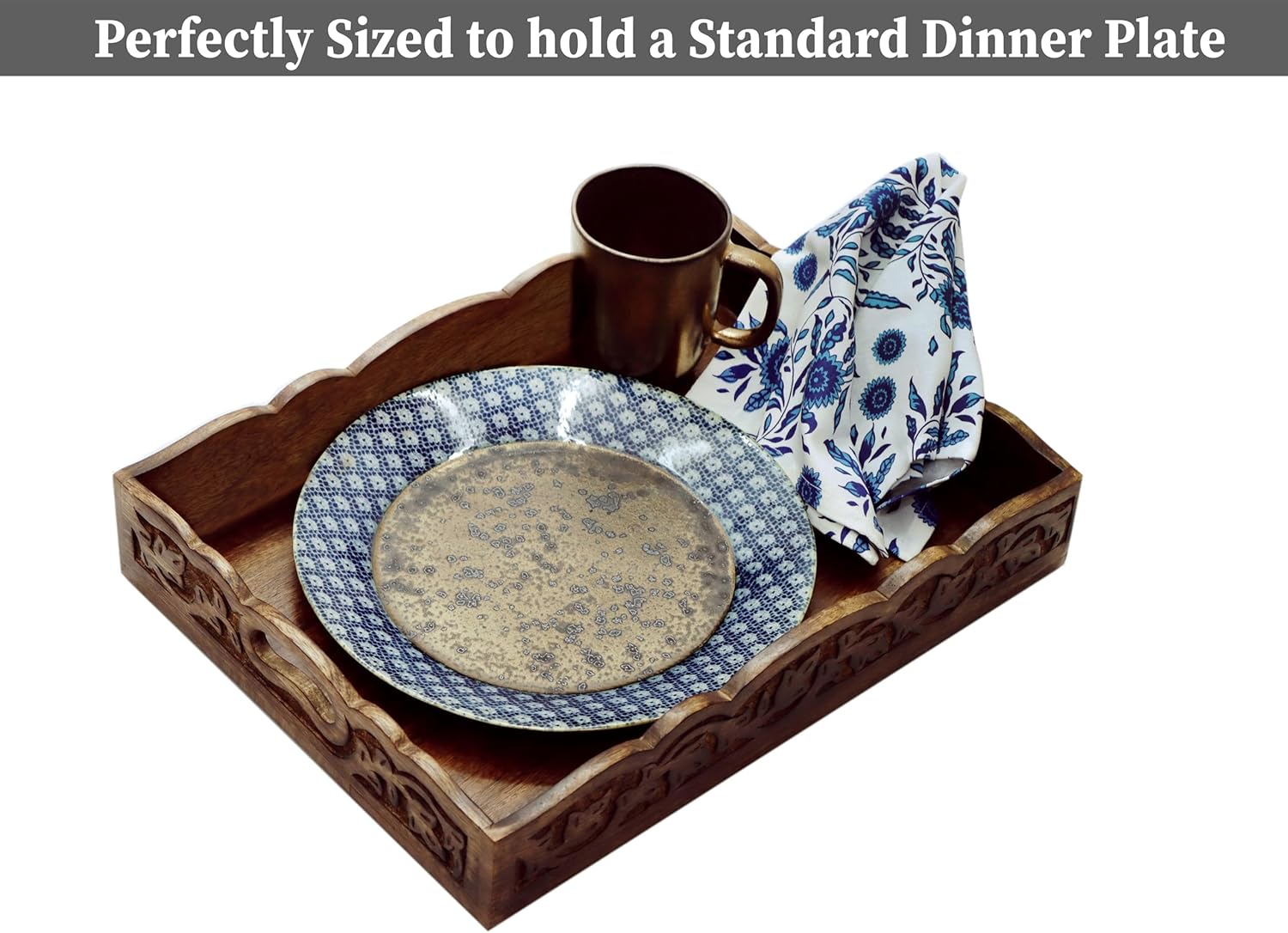 Hand Carved Wooden Serving Tray - Decorative Breakfast Tray with Handles - Rustic Wooden Food Tray with Intricate Detail - Unique Furnishing Accent - Natural Finish - 17 x 13 x 2.5 Inch - COTTON CRAFT - Image 3