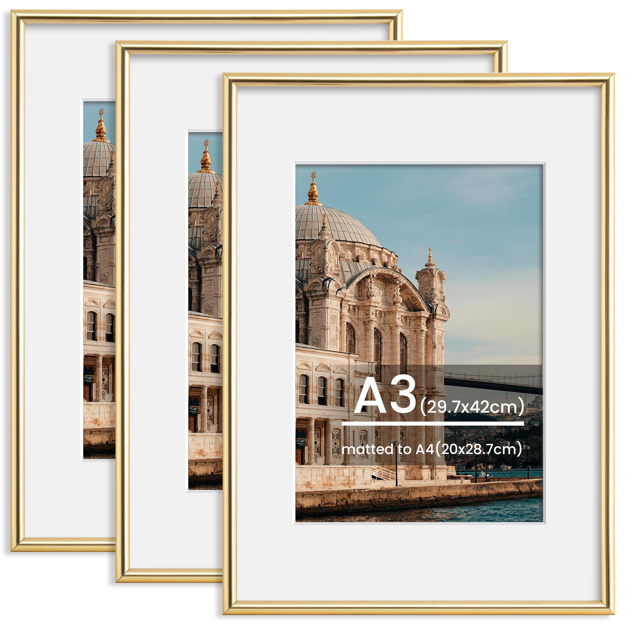 FLYJOE A3 Picture Frame, Display Pictures 8x11.3 with Mat or 11.7 x 16.5 Without Mat, Wall and Tabletop Display Photo Frame, Gold, 3 Pack