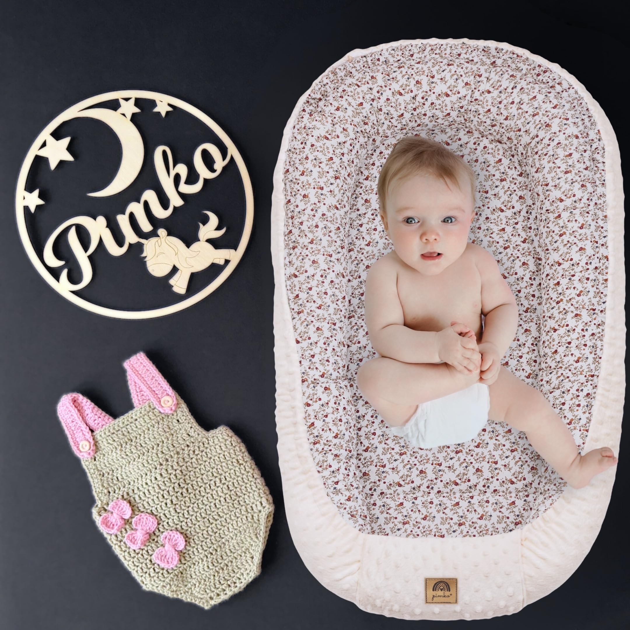 PIMKO Nid pour Bébé Beige – Cocon Bébé Réducteur d’Espace, Baby Nest Portable en Coton & Minky, Espace de Détente et de Repos pour Nouveau-né, Taille Ajustable 70–90 cm