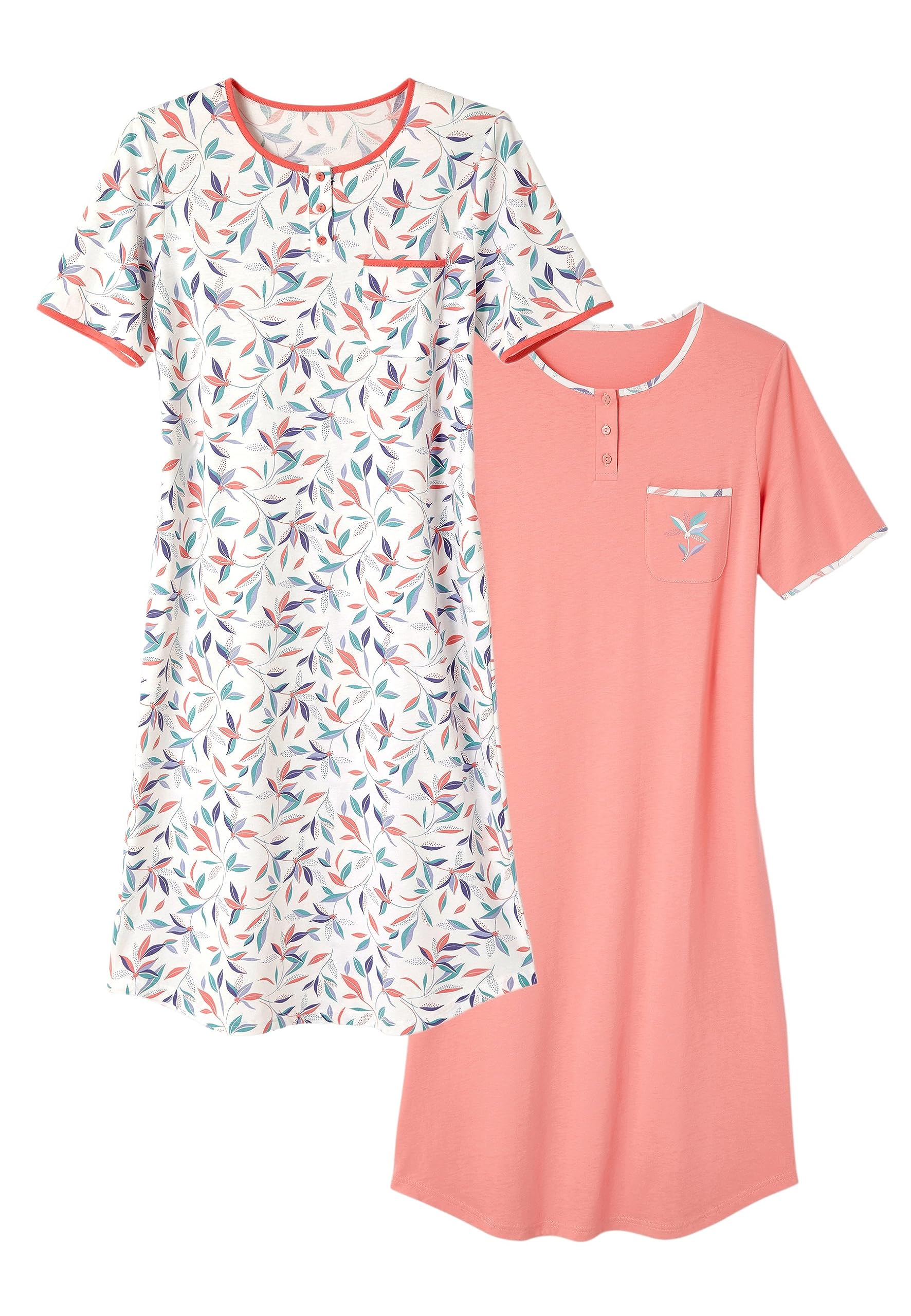 Damart – Juego de 2 camisas de noche de algodón puro peinado, Lote de follaje rosa, 38-40 (S)