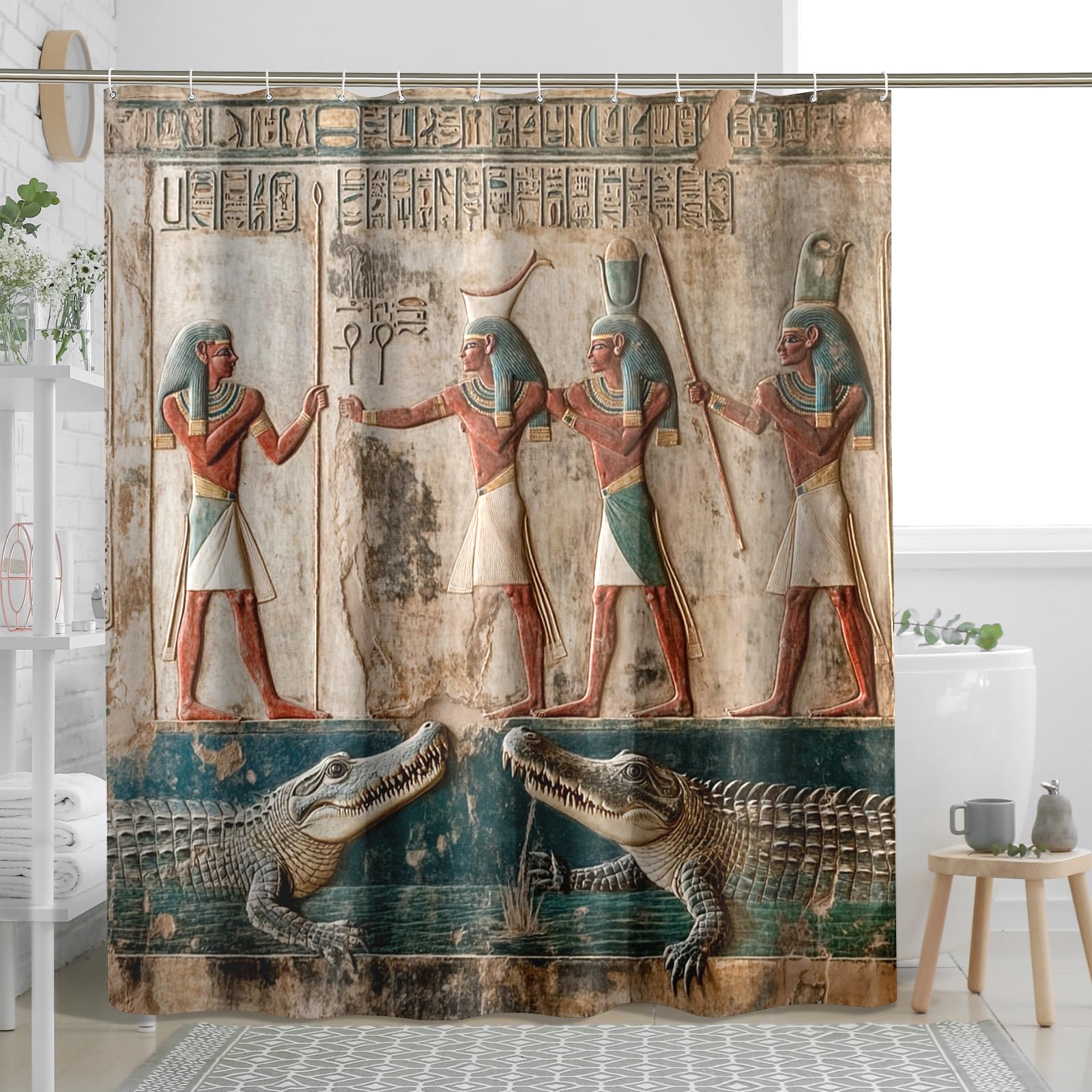 Ancient Egyptian Shower Curtain, Colorful Hieroglyphs Home Decor for Bathroom Aesthetic, Spring Vintage Art Waterproof Fabric Shower Curtain Set with