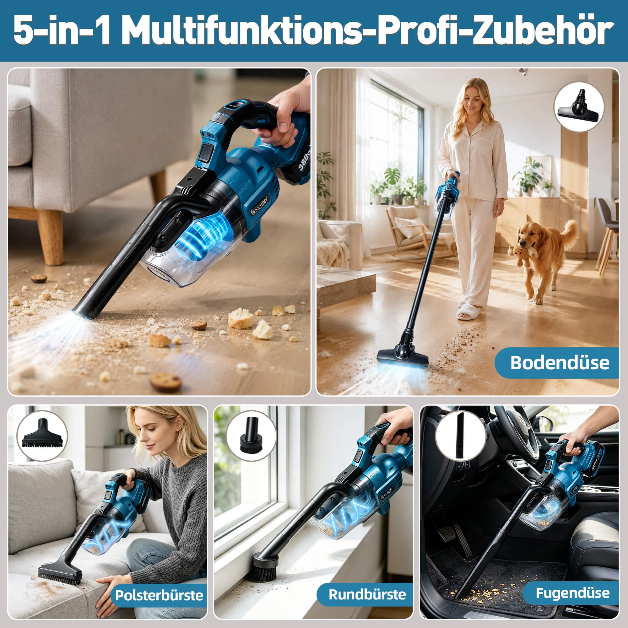 Aspiradora con batería para Makita 18 V 20000 Pa 5 en 1 45 min de autonomía (azul con 1 pila) | Aspiradora de mano con luz LED, 700 ml, 2 filtros HEPA lavables para pelo de animales, coche, hogar, oficina