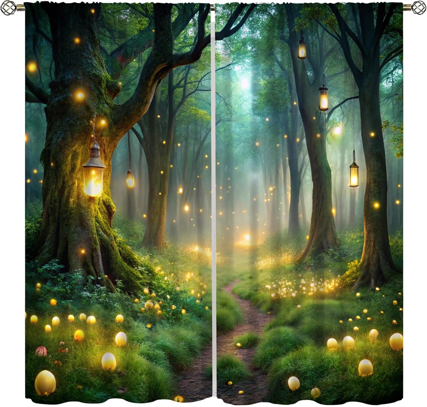 Fantasy Forest Path Curtains, Magical Enchanted Misty Jungle Lantern Wonderland Nature Plant Window Treatments for Bedroom Living Room Kitchen Drapes, 42x54 Inch