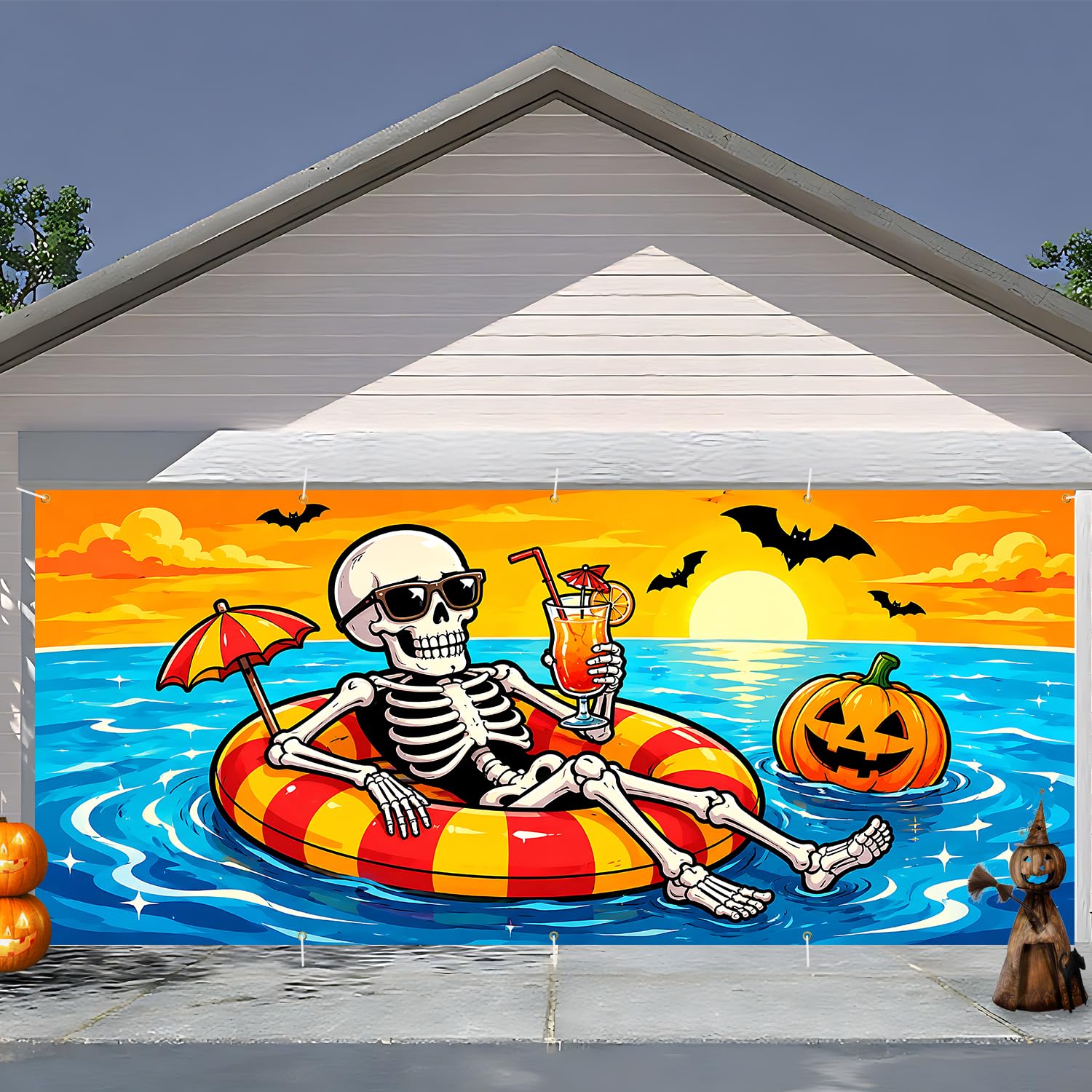 7 x 16 ft Beach Skeleton Halloween Garage Door Decorations Halloween decorations Witch Door Cover, Hanging Banner, Cauldron Backdrop Mural for Home, Outdoor