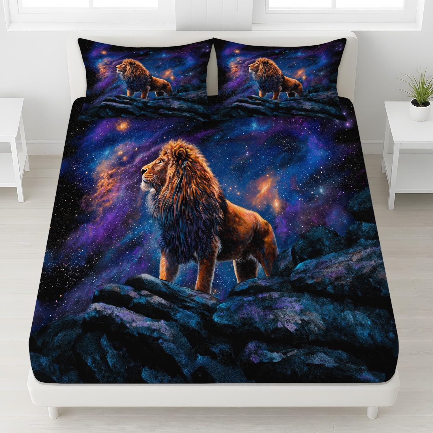 Fantasie Tier Spannbetttuch Löwe Sternenhimmel Nebelwolke Spannbettlaken 200 x 200 x 30 cm 3teilig Mikrofaser Bettwäsche Set mit 2 Kissenbezüge 80 x 80 cm Kein Flachbettlaken