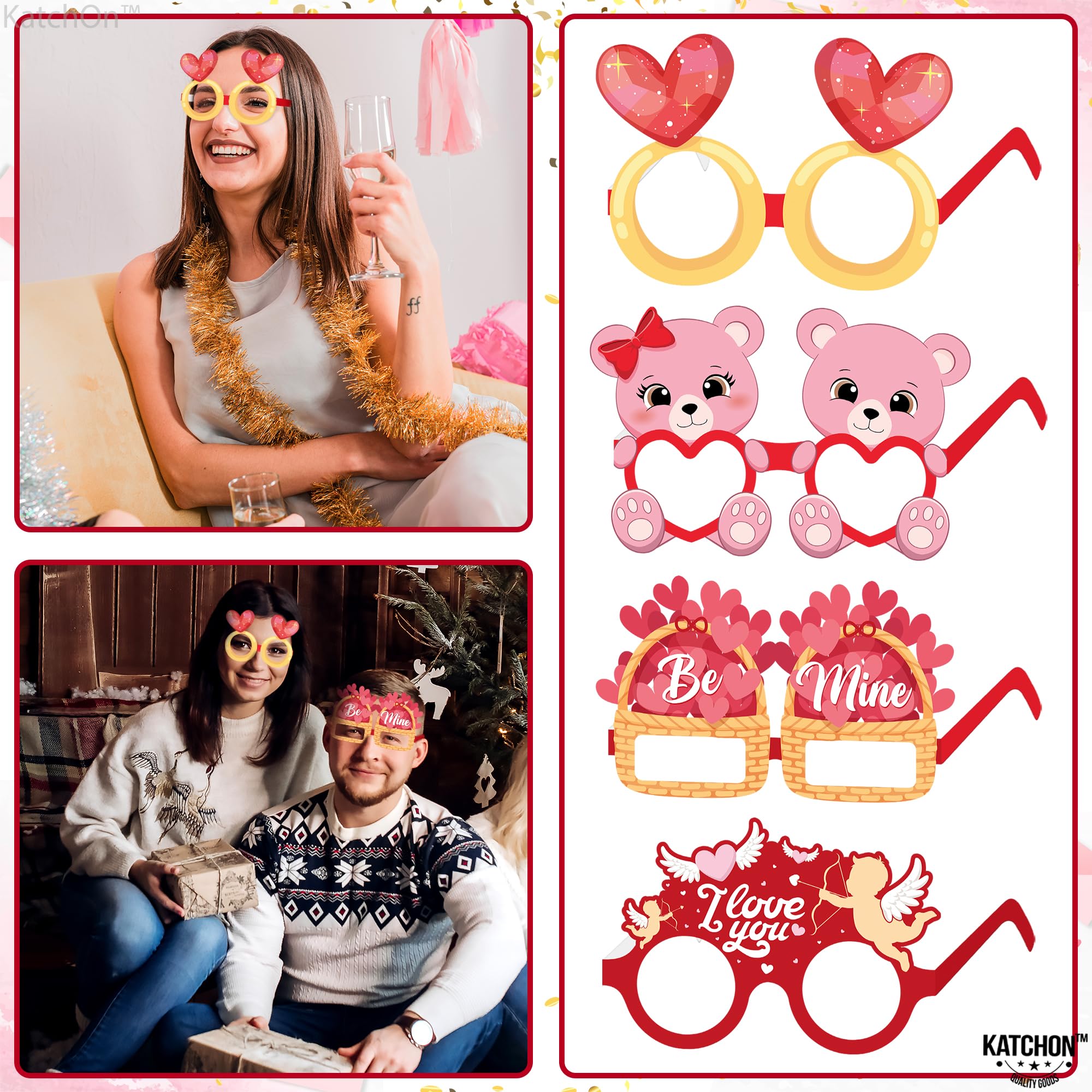 KatchOn Valentine's Day Glasses - 12 Pack With 6 Fun Designs (Photo Booth Props & Party Favors)