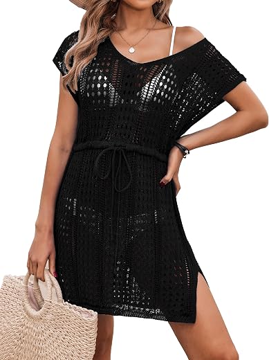 AI'MAGE Women's 2023 Crochet Cover Up Hollow Out Swimsuit Coverup V Neck Beachwear with Drawstring S-3XL