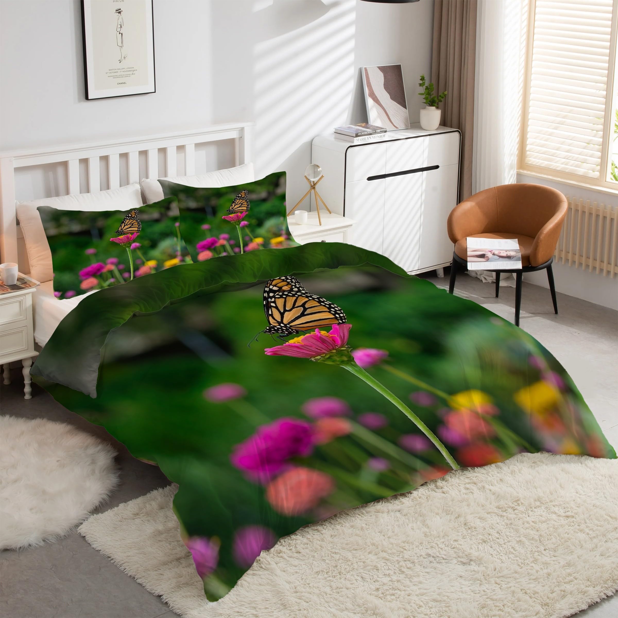 Housse de couette 160x200 fleurs papillon 3 pcs