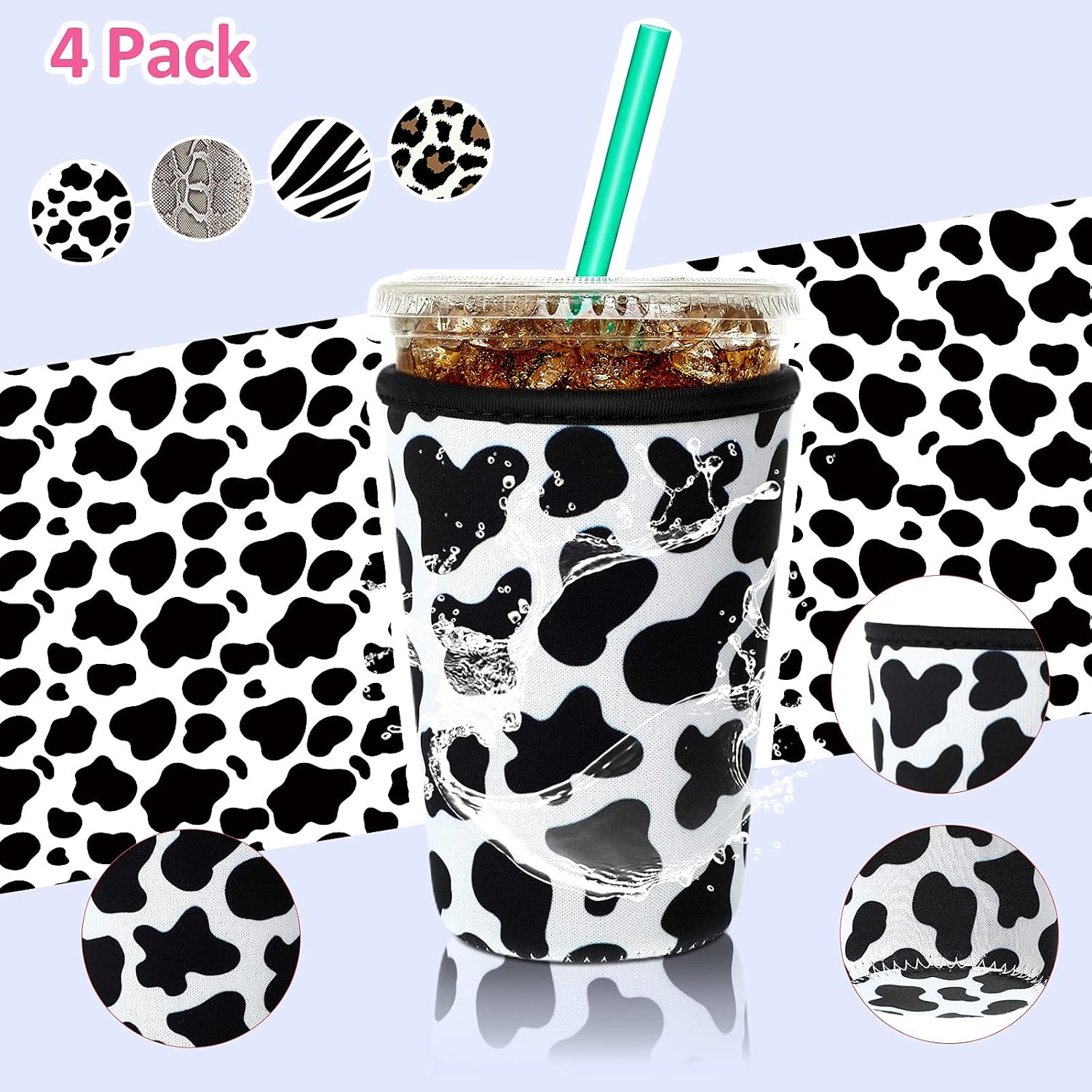 Patelai 4 Pack Reusable Iced Coffee Insulator Sleeve, Neoprene Coffee Cup Holder for Iced Hot Drinks, Beverage Holder for Most Drinks(22-24 oz Medium,Animal Print)