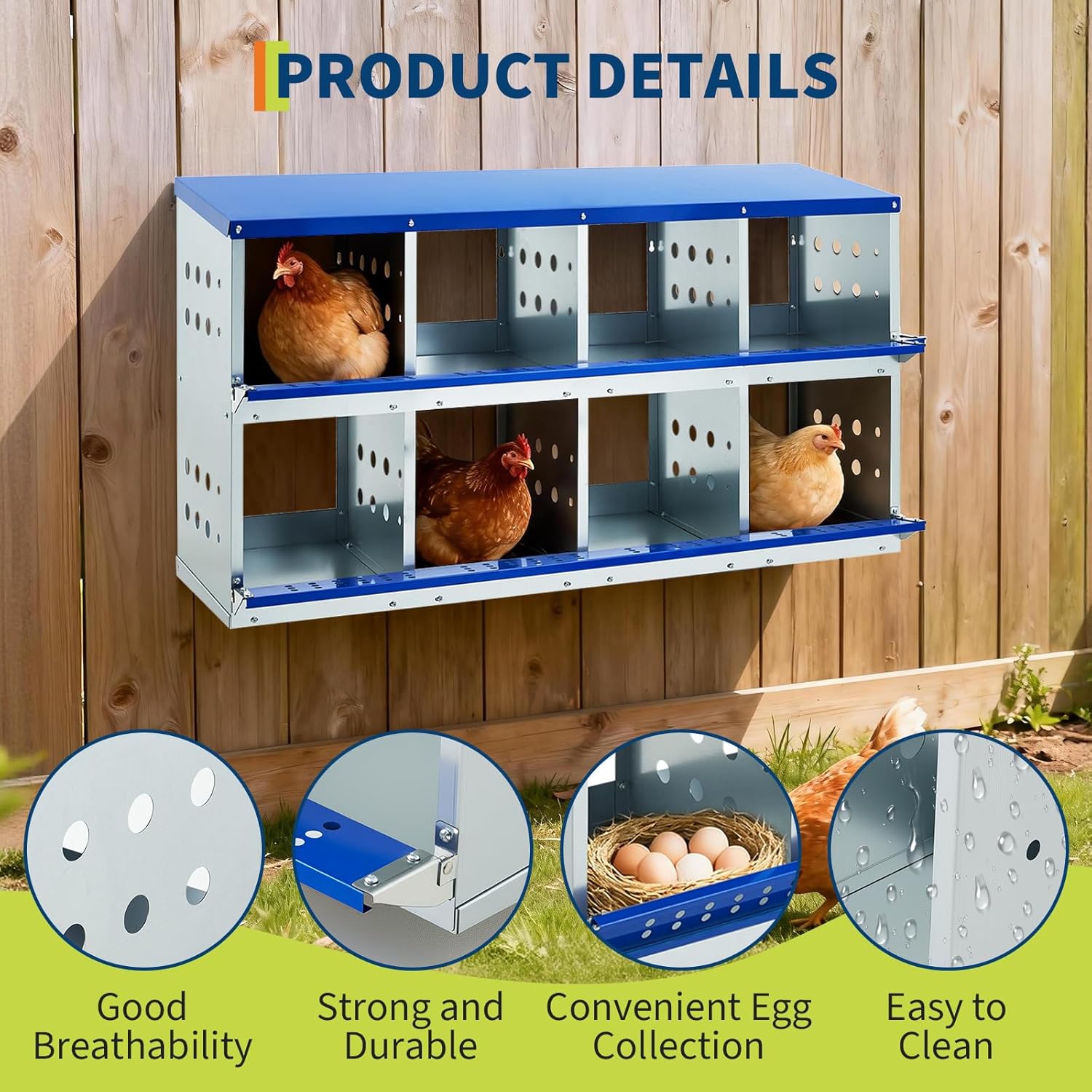 37.8" Metal Chicken Nesting Box, 6-Compartment 2-Tier Poultry Nest Box with Perch and Ventilation Holes, Blue Roof Hen Laying Box for Up to 6 Chickens