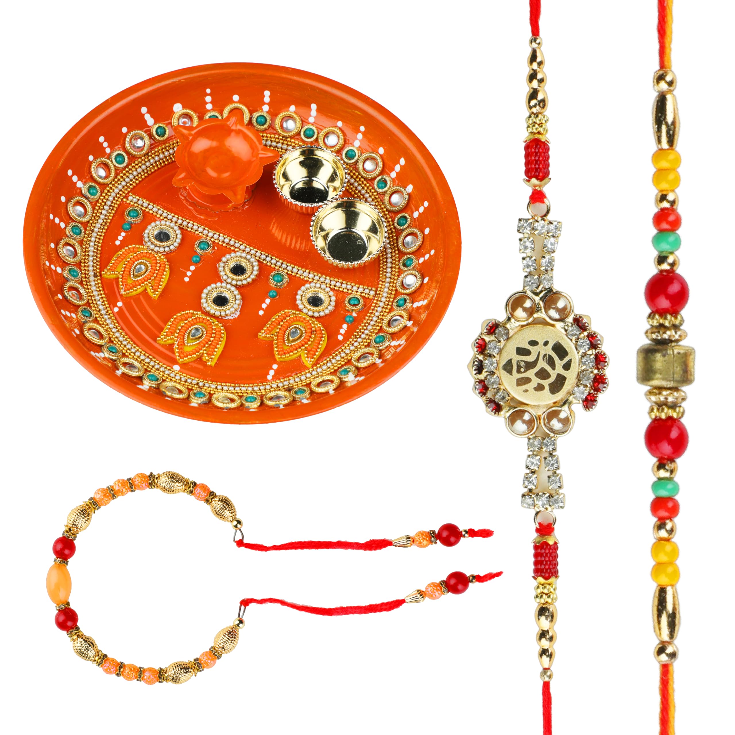 Rakhi Thali Plate Platter with Bhai Bhabhi Rakhi Lumba Dora Family Pack Set of 4 Rakhi Puja Thali with Pooja Rakhi Thread for Brother Sister Raksha Bandhan Gift Set Pooja Rituals (Plate Size- 9